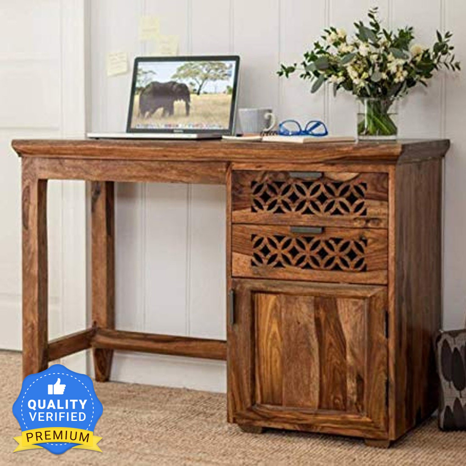 Image of Allie Wood Rosewood (Sheesham) Solid Wood Study Table (Free Standing, Finish Color - Mahogany Brown, Pre-assembled)
