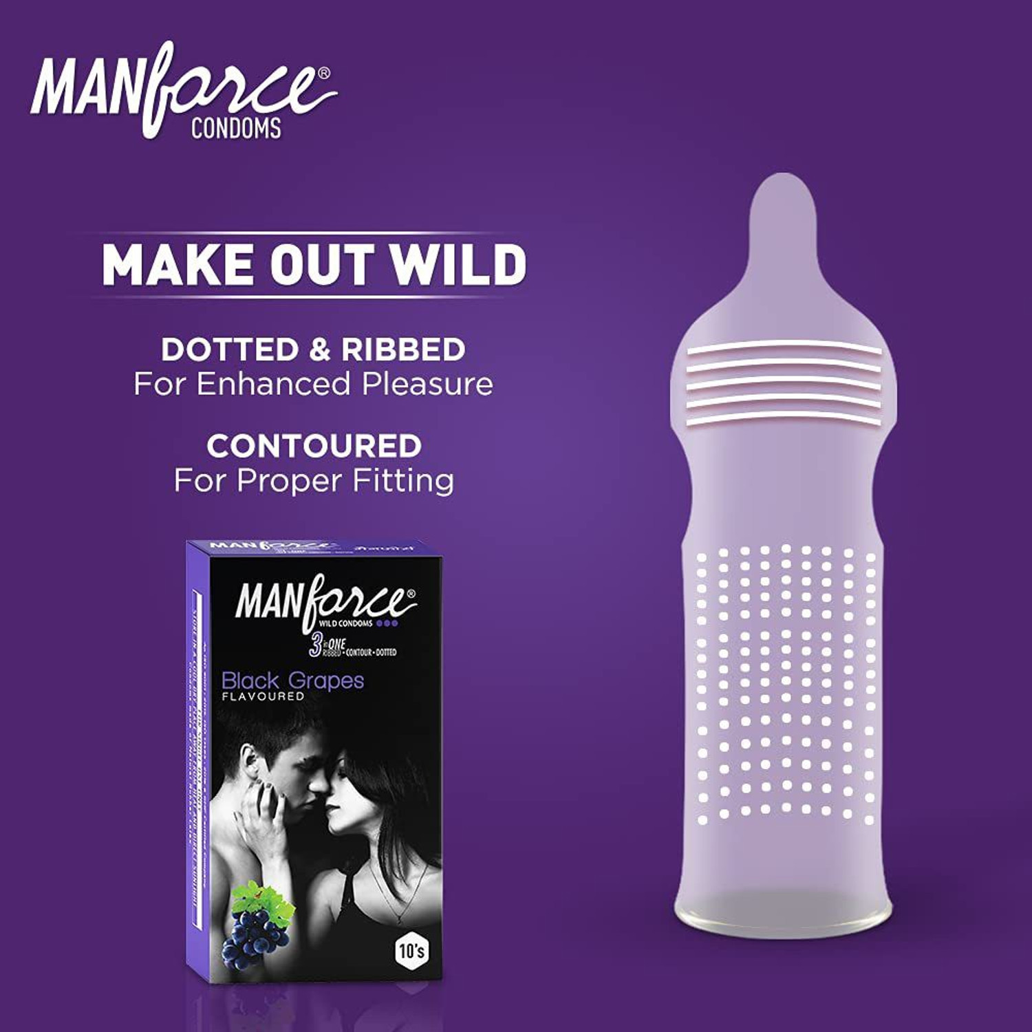 Image of MANFORCE 3 in 1 (Ribbed, Contour, Dotted) Wild Black Grapes Flavoured Condoms- 10 Pieces & Chocolate flavor condom - 10 Pieces Condom (Set of 2, 20 Sheets)