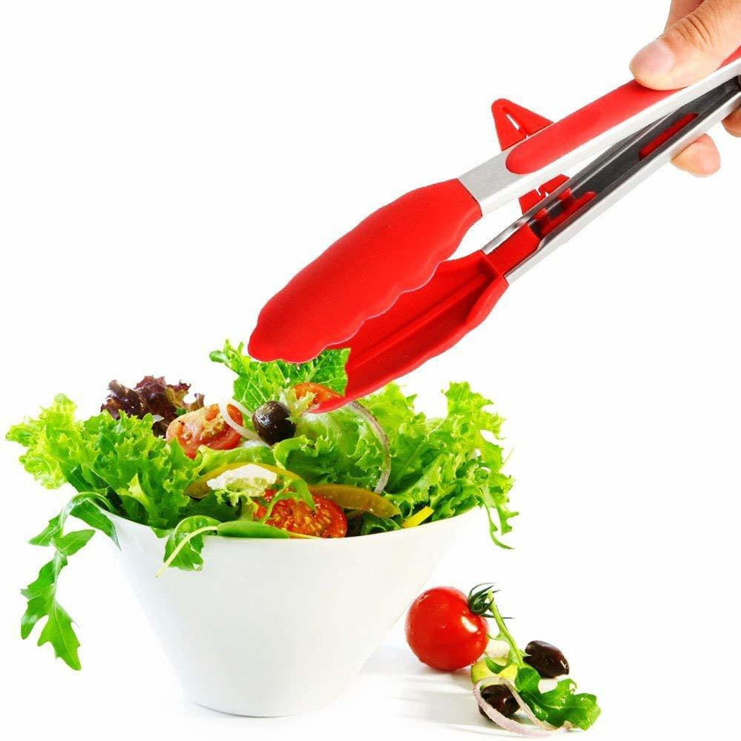 Image of DYZEKO SILICONE TONG WITH 2 PC AIR FRYER TRAY SILICONE TONG WITH 2 PC AIR FRYER TRAY (MULTI COLOUR) 22 cm Serving Tongs (Pack of 1)