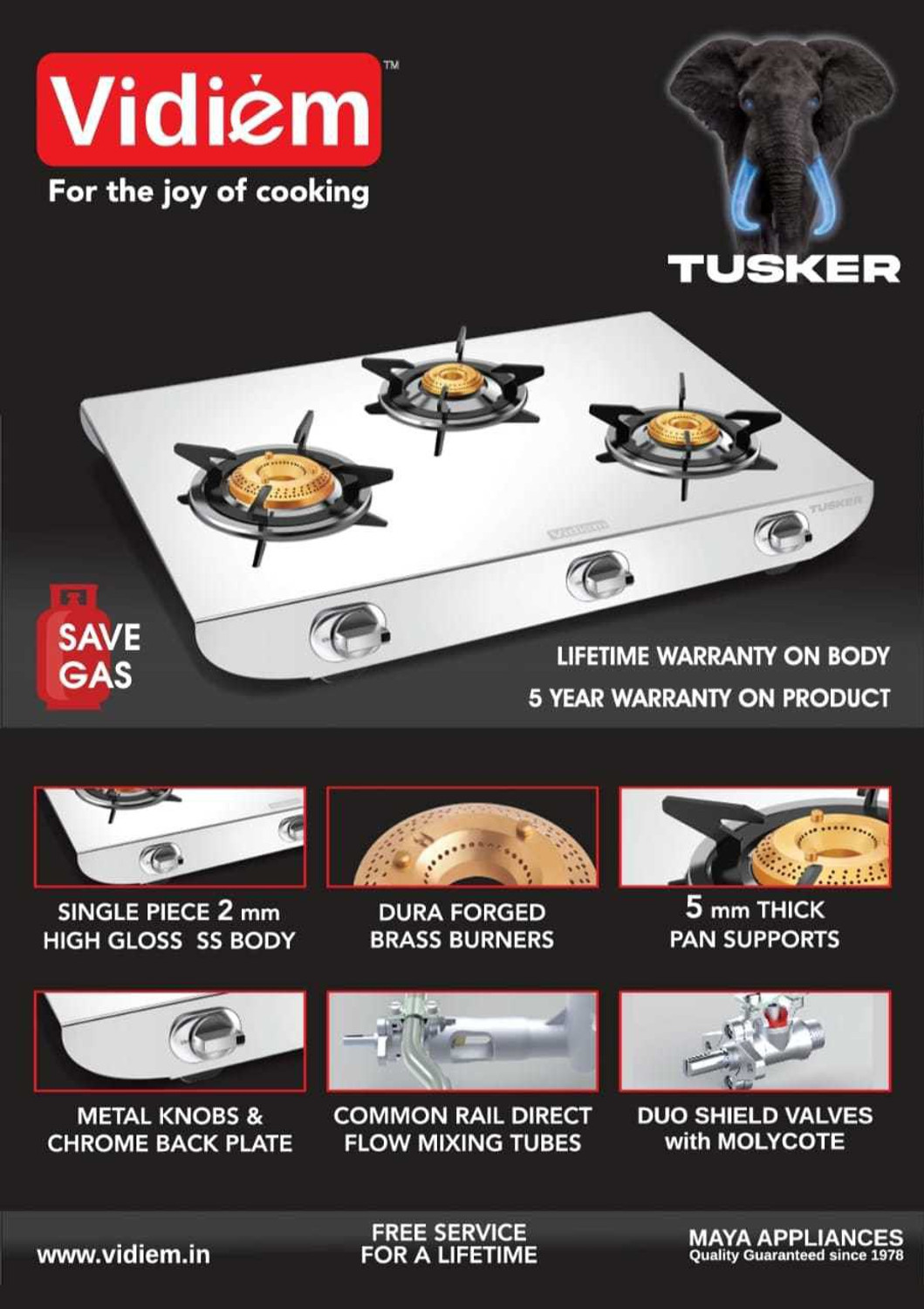 Vidiem GS S3 225 A Tusker 3 Burner (Silver) Stainless Steel Manual Gas Stove - Image 6