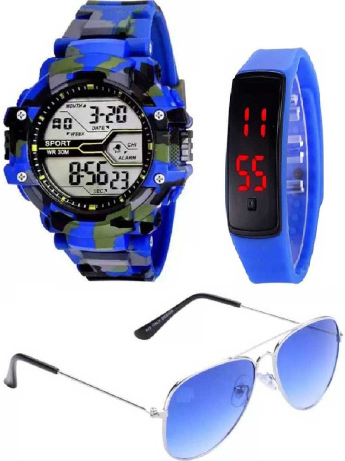 Razyloo COM BRANDED AMERICAN ARMY MILITARY SILICON STRAP LED UV PROTECTION BLACK AVIATOR SUNGLASS Digital Watch – For Boys
