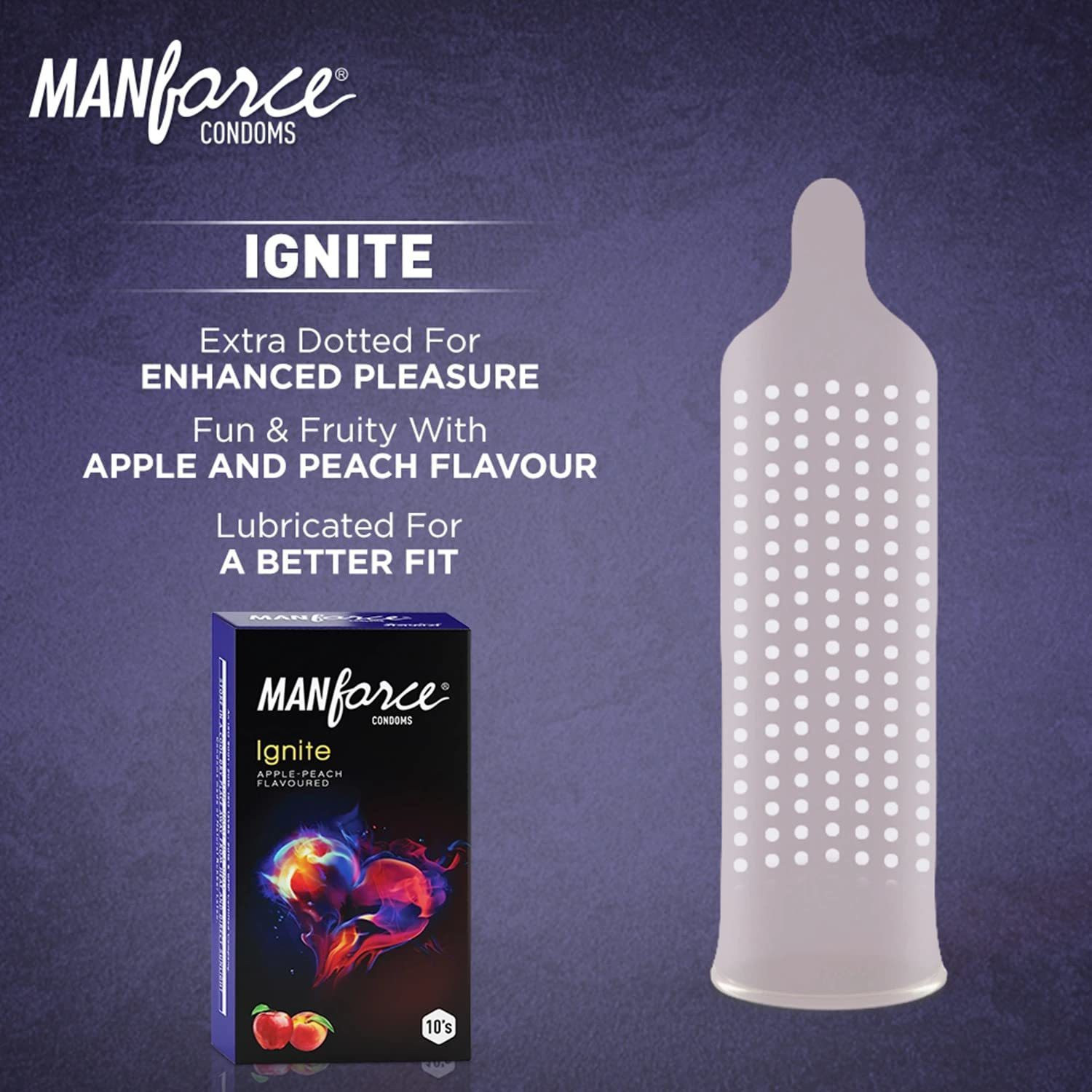 Image of MANFORCE Ignite Apple-peach Flavoured Extra Dotted Box Condoms - 10 Pieces & Overtime Pineapple 3in1 (Ribbed, Contour, Dotted) Condoms - 10 Pieces Condom (Set of 2, 20 Sheets)