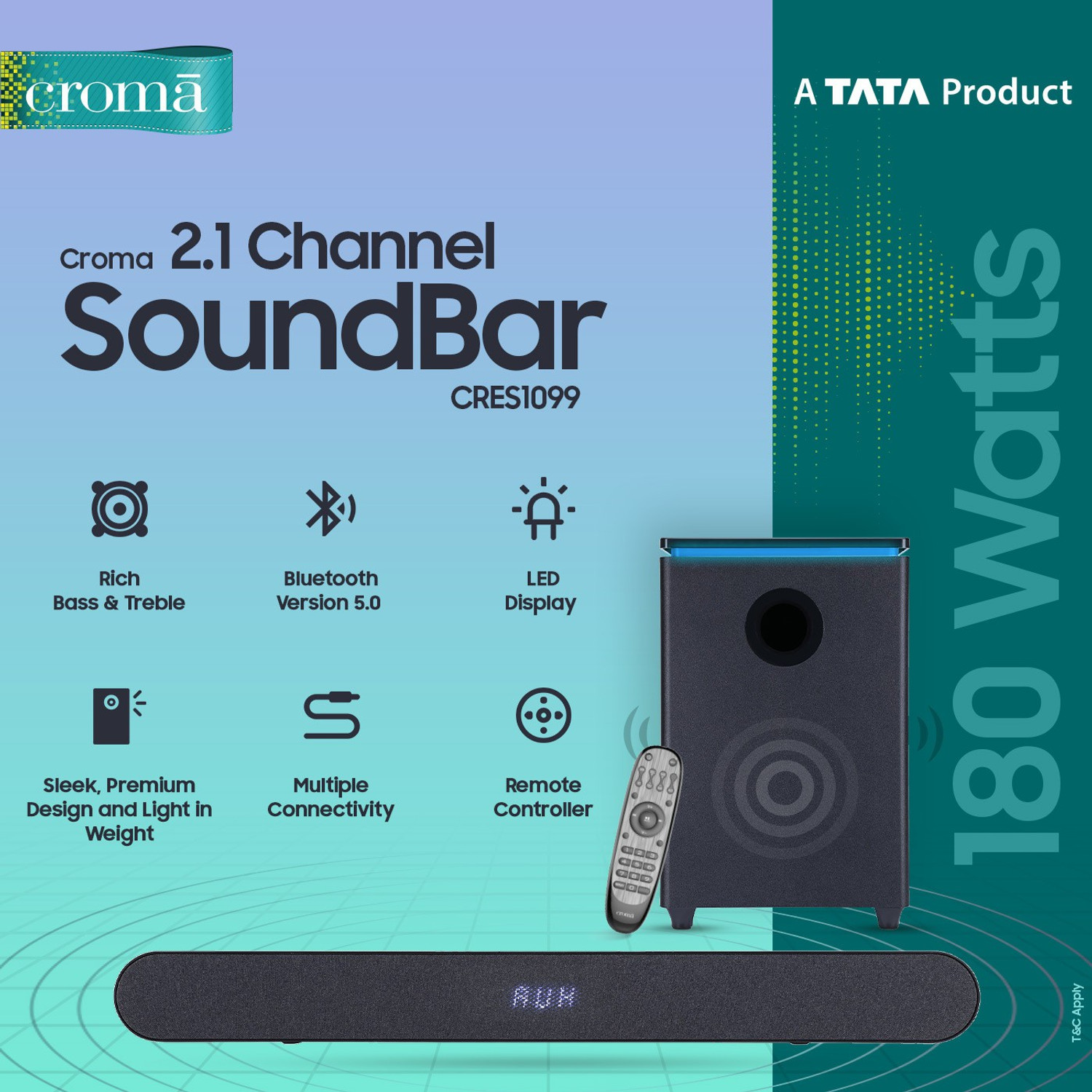 Image of Croma CRES1099 180 W Bluetooth Soundbar (Black, 2.1 Channel)