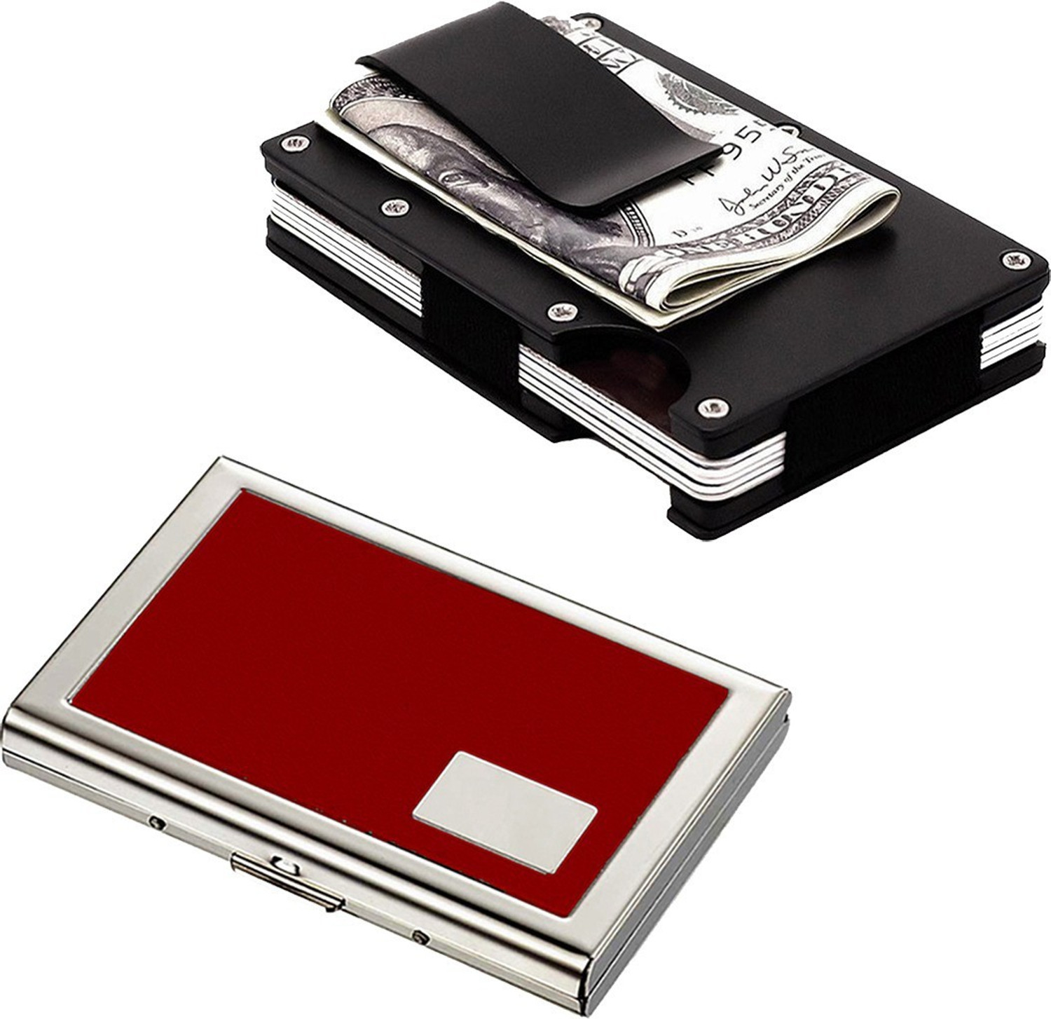 Image of StealODeal Black Metal Case Money Clip With Red Water Resistant 15 Card Holder (Set of 2, Red, Black)