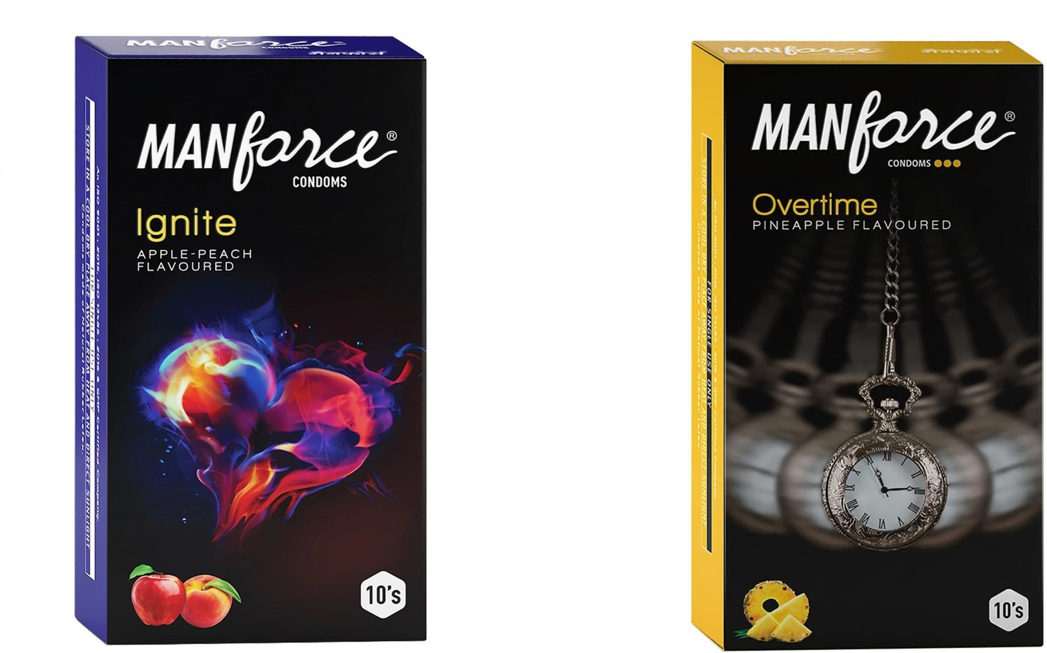 Image of MANFORCE Ignite Apple-peach Flavoured Extra Dotted Box Condoms - 10 Pieces & Overtime Pineapple 3in1 (Ribbed, Contour, Dotted) Condoms - 10 Pieces Condom (Set of 2, 20 Sheets)