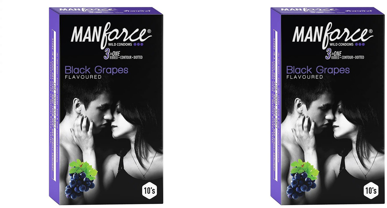 Image of MANFORCE 3 in 1 (Ribbed, Contour, Dotted) Wild Black Grapes Flavoured Condoms- 10 Pieces x Pack of 2 Condom (Set of 2, 20 Sheets)