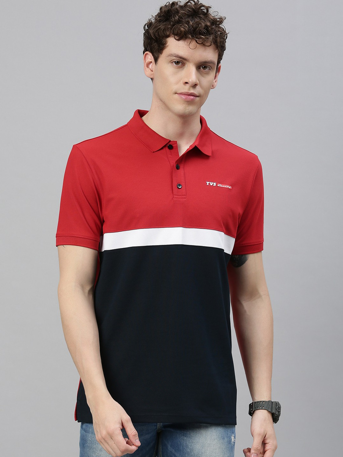 Image of TRIPR Men Solid Mandarin Collar Cotton Blend Navy Blue T-Shirt
