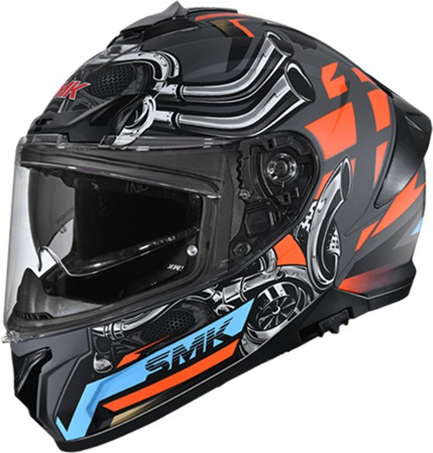 Image of SMK TYPHOON MOTORHEAD GL676 GLOSSY GREY ORANGE Motorbike Helmet (Orange, Black)
