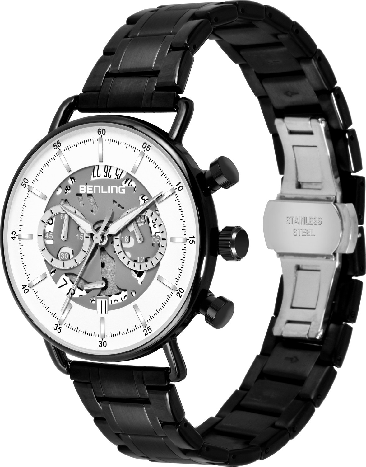 Image of Benling Ion Plating Stainless Steel Chain Formal | Casual | Party Watch for Boys & Men Analog Watch - For Men BL-1033-GRY-WYT-BLK Chronograph Date Display Watch 38.7MM Dial