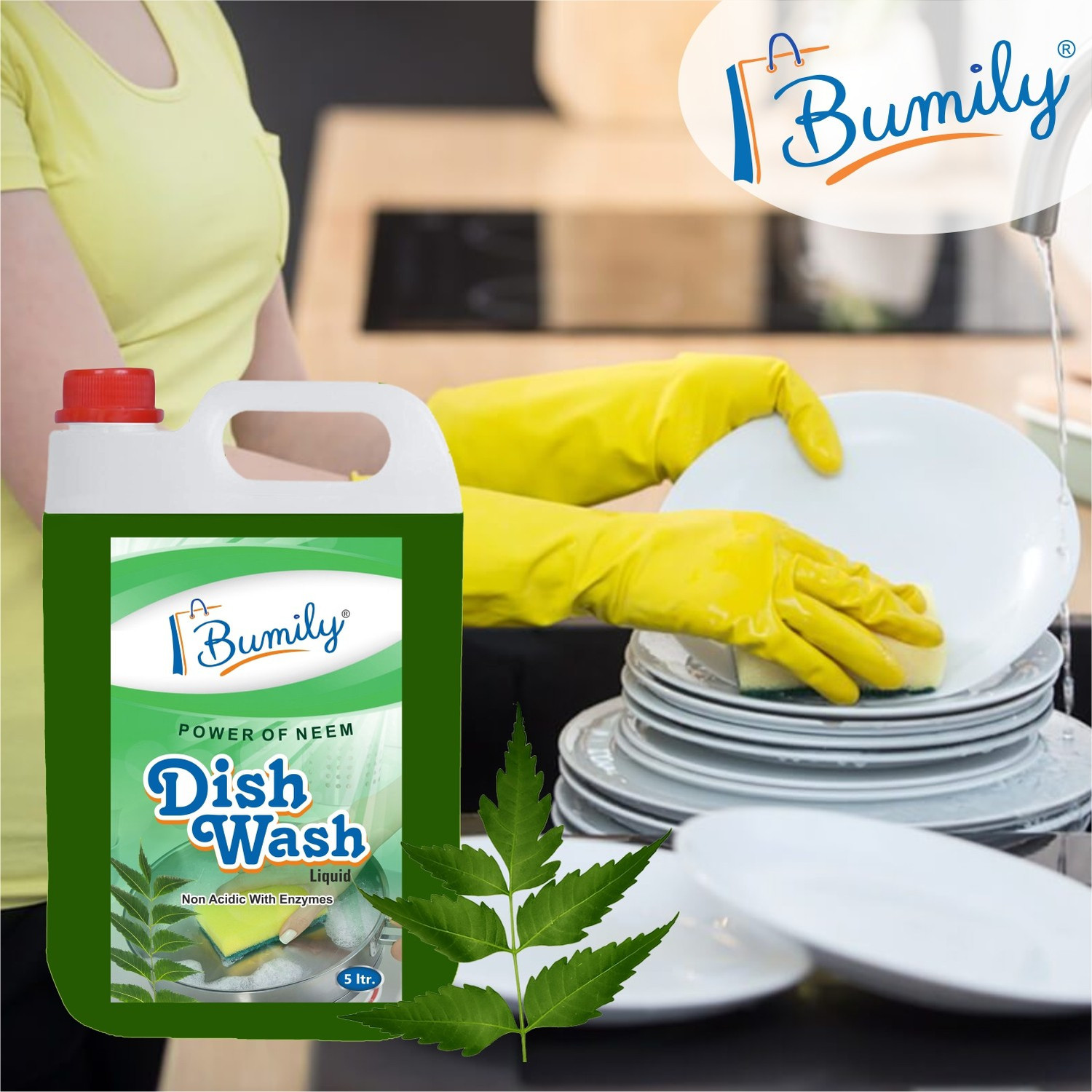 Image of Bumily dish wash cleaning gel power of lemon & neem fragrance non acidic(5+5ltr combo) Dish Cleaning Gel (multi-fragrance, 10 L)