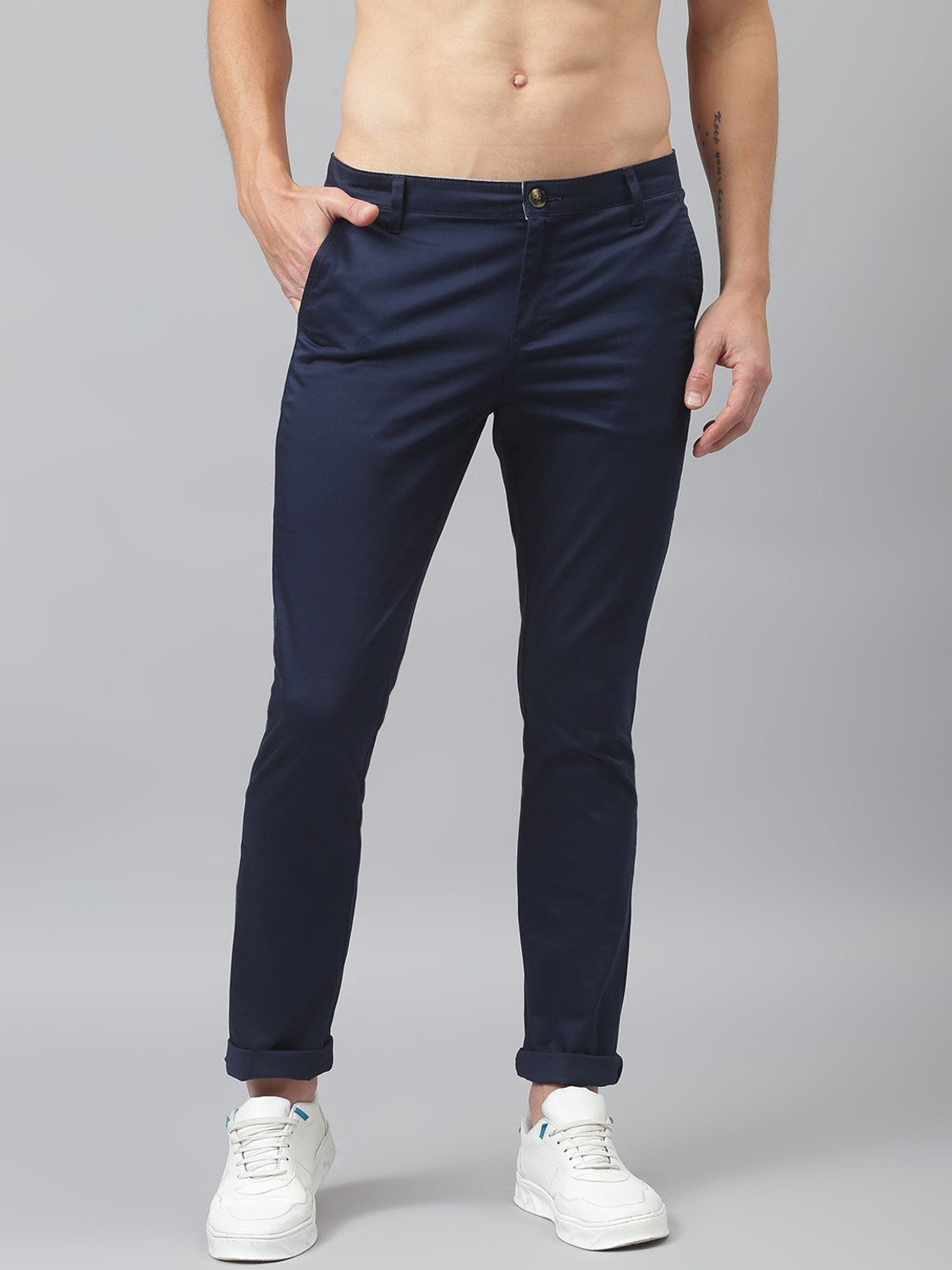 Image of THOMAS SCOTT Men Regular Fit Blue Cotton Blend Trousers