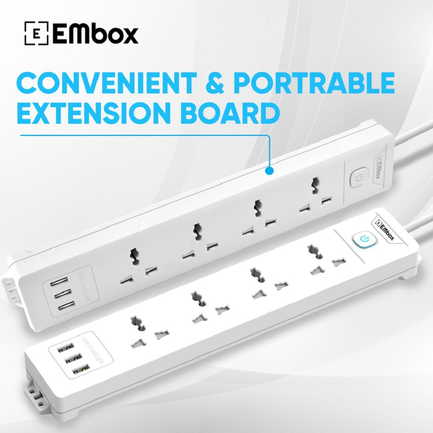 Image of EMBox 10A Extension Board With 5 Switch 4 Socket 3 USB 5 Meter Cable 4 Socket Extension Boards (White, 5 m, With USB Port)
