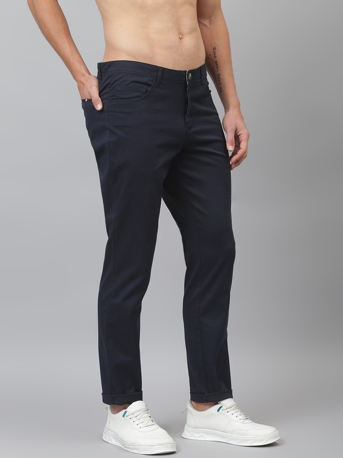 Image of THOMAS SCOTT Men Regular Fit Blue Cotton Blend Trousers