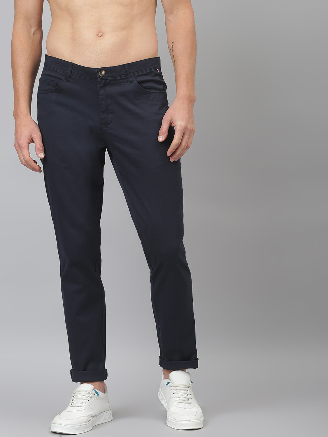 Image of THOMAS SCOTT Men Regular Fit Blue Cotton Blend Trousers