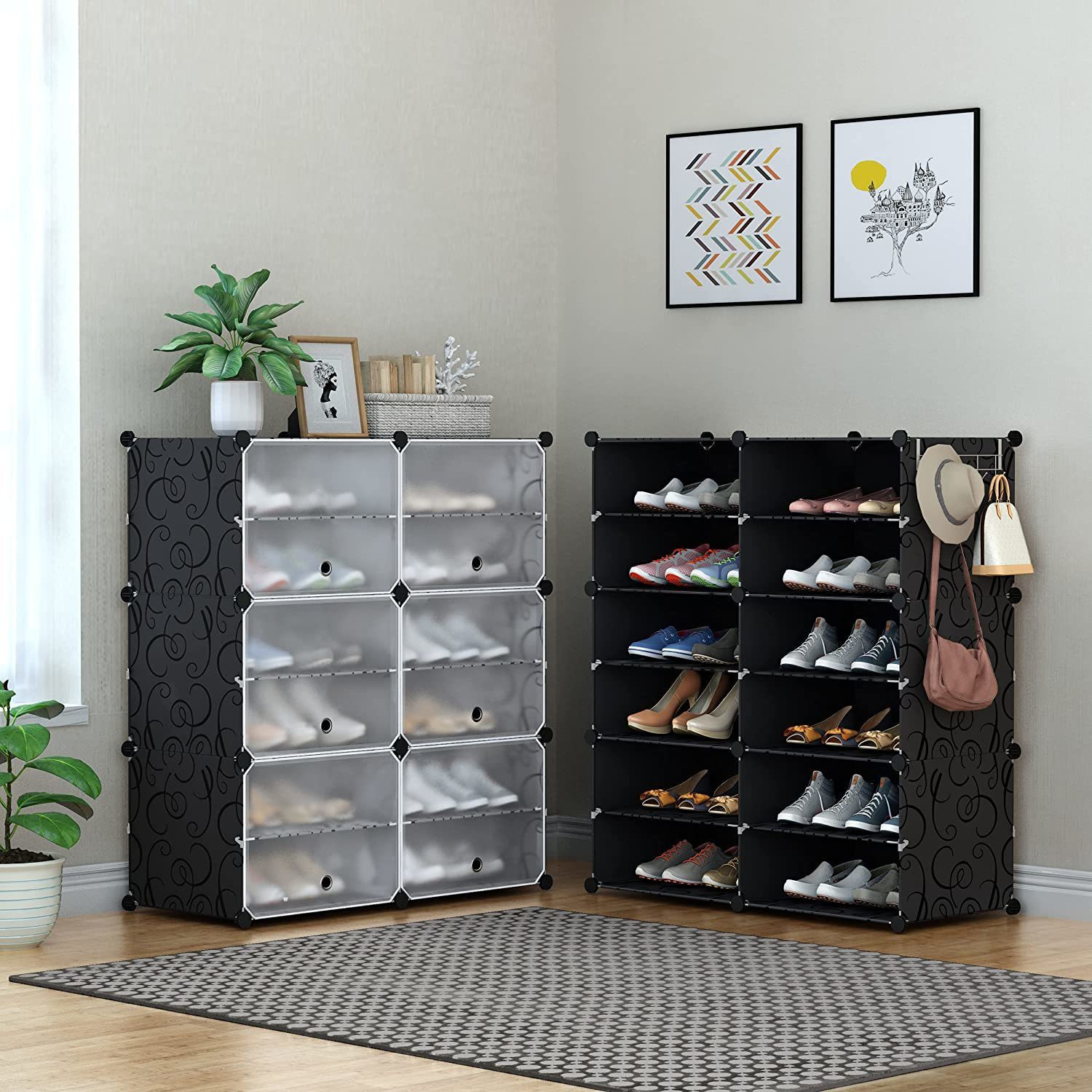 Image of Hayosha 12-Shelf-6-Door Plastic Cubort Shoe Rack Metal, Plastic Collapsible Shoe Stand (18|Black, 18 Shelves, DIY(Do-It-Yourself))