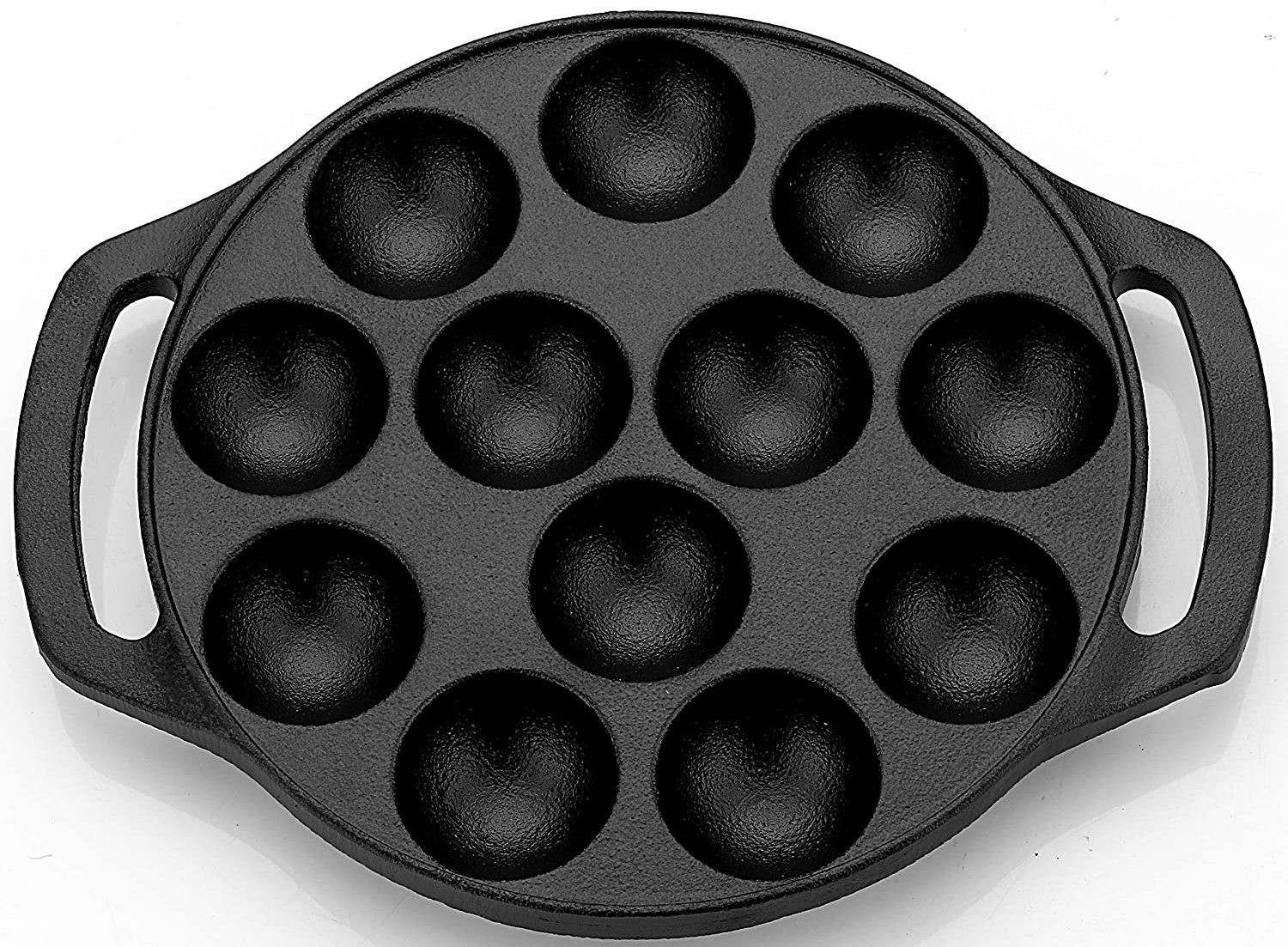 Image of VARUDI cast iron appam pan appe maker cast iron 12 cavity induction base non stick Pot 30 cm diameter 12 L capacity (Cast Iron, Non-stick, Induction Bottom)