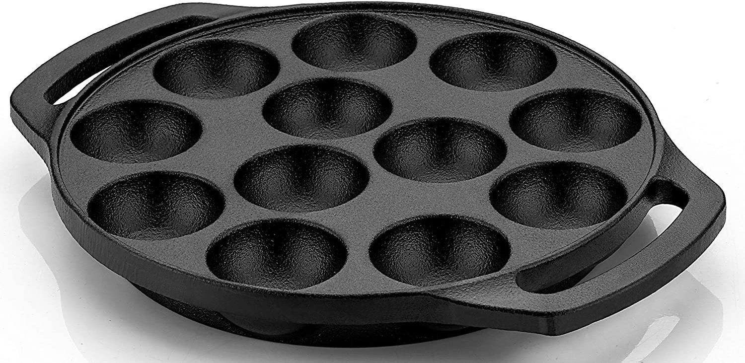 Image of VARUDI cast iron appam pan appe maker cast iron 12 cavity induction base non stick Pot 30 cm diameter 12 L capacity (Cast Iron, Non-stick, Induction Bottom)