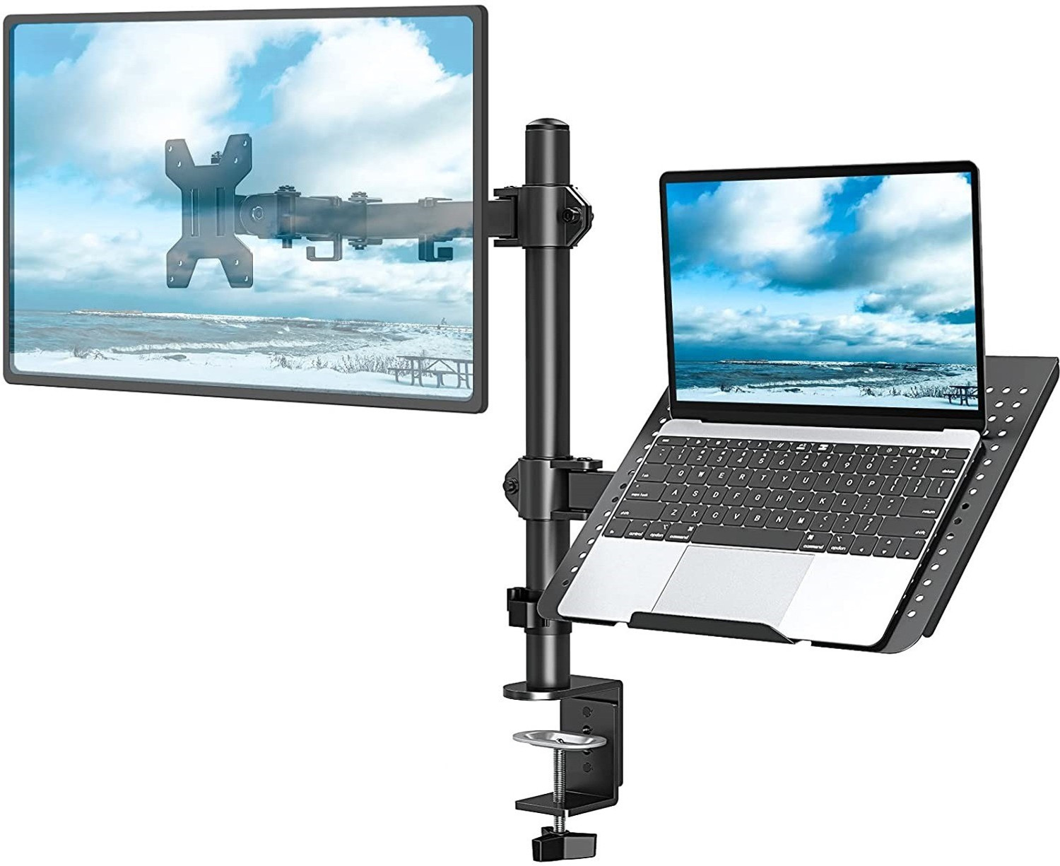 Image of FLOWLYF Wooden Monitor Arm /Spring Assisted Height Adjustability Mount for 17-32 inch Screen Desk Mount Monitor Arm