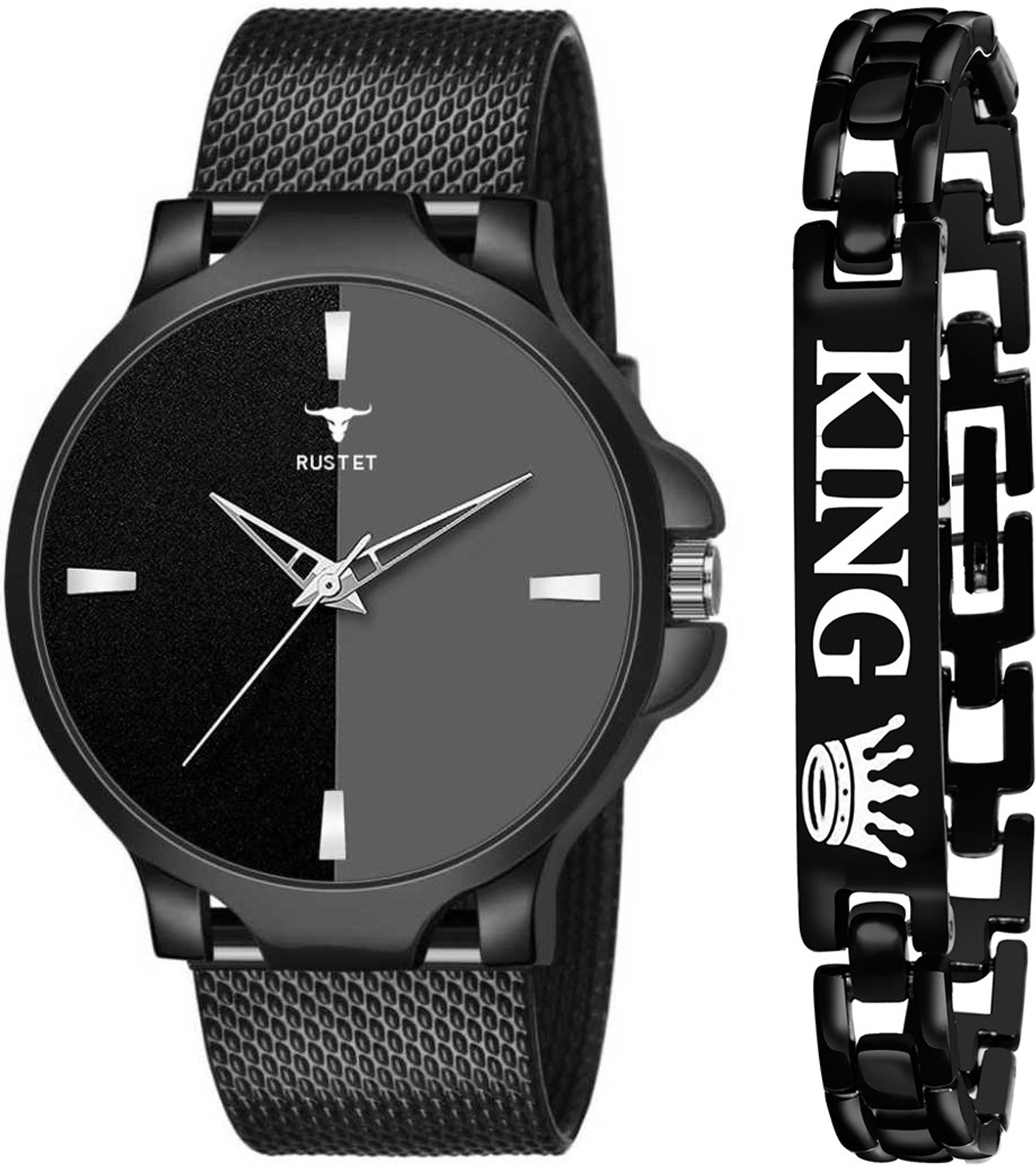 RUSTET Designer Round Dial PU Strap Boy’s Watch & Bracelet Combo Analog Watch – For Men