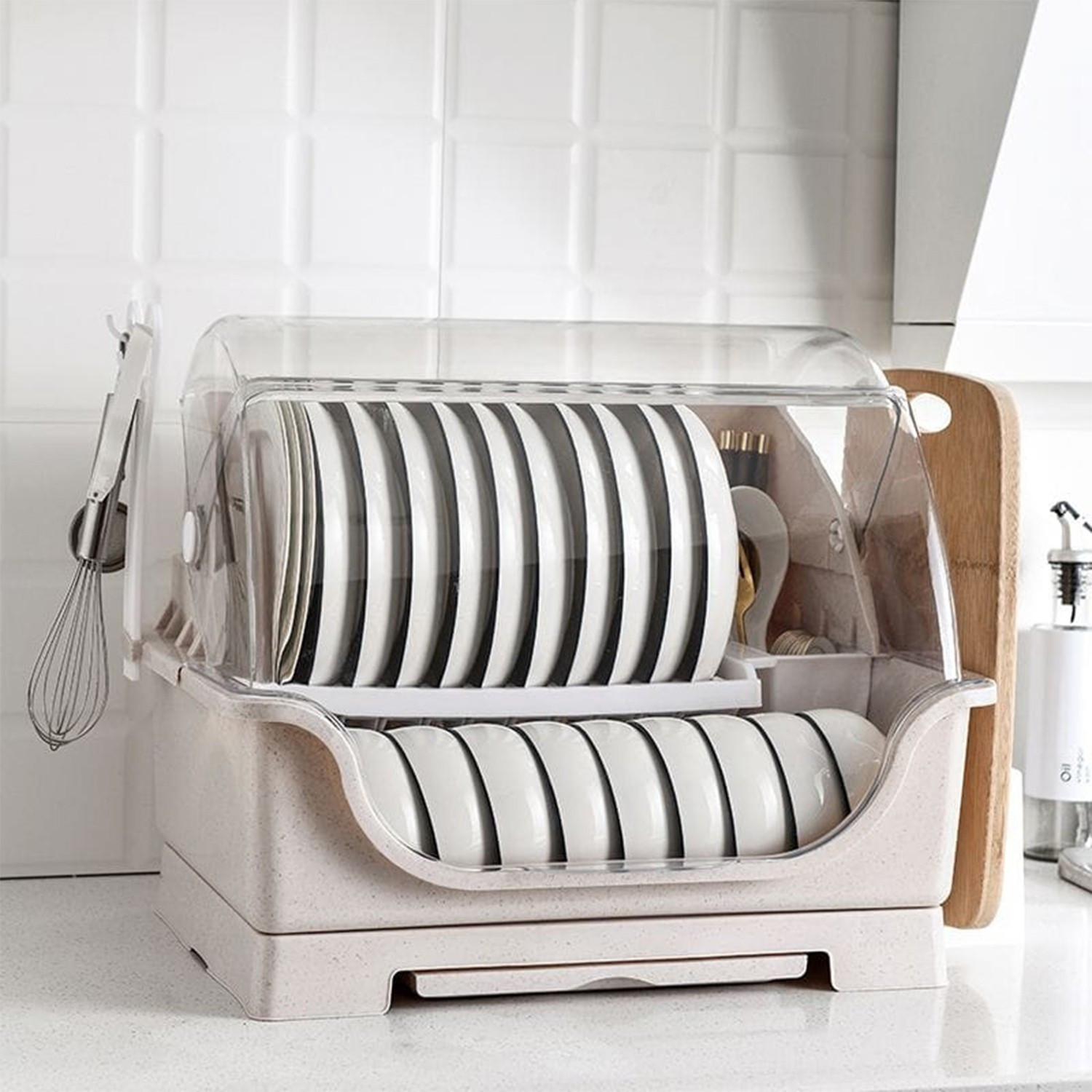 Image of iBELL Dish Drainer Kitchen Rack DR8039H Dish Drying Rack with Cover, 2-Tier Bartan Stand / Drainer Shelf Plastic