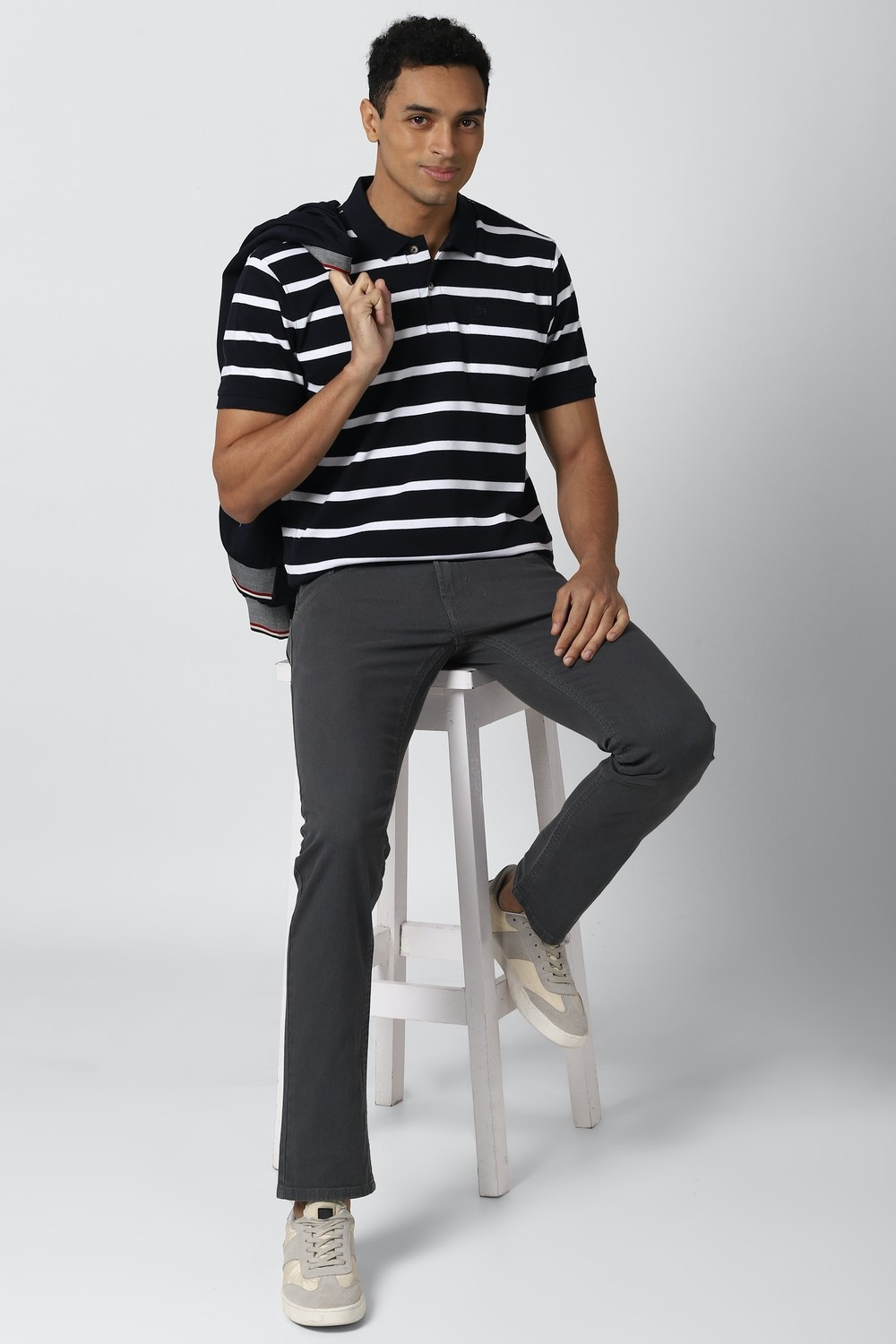 Image of PETER ENGLAND Men Striped Polo Neck Polycotton Blue T-Shirt