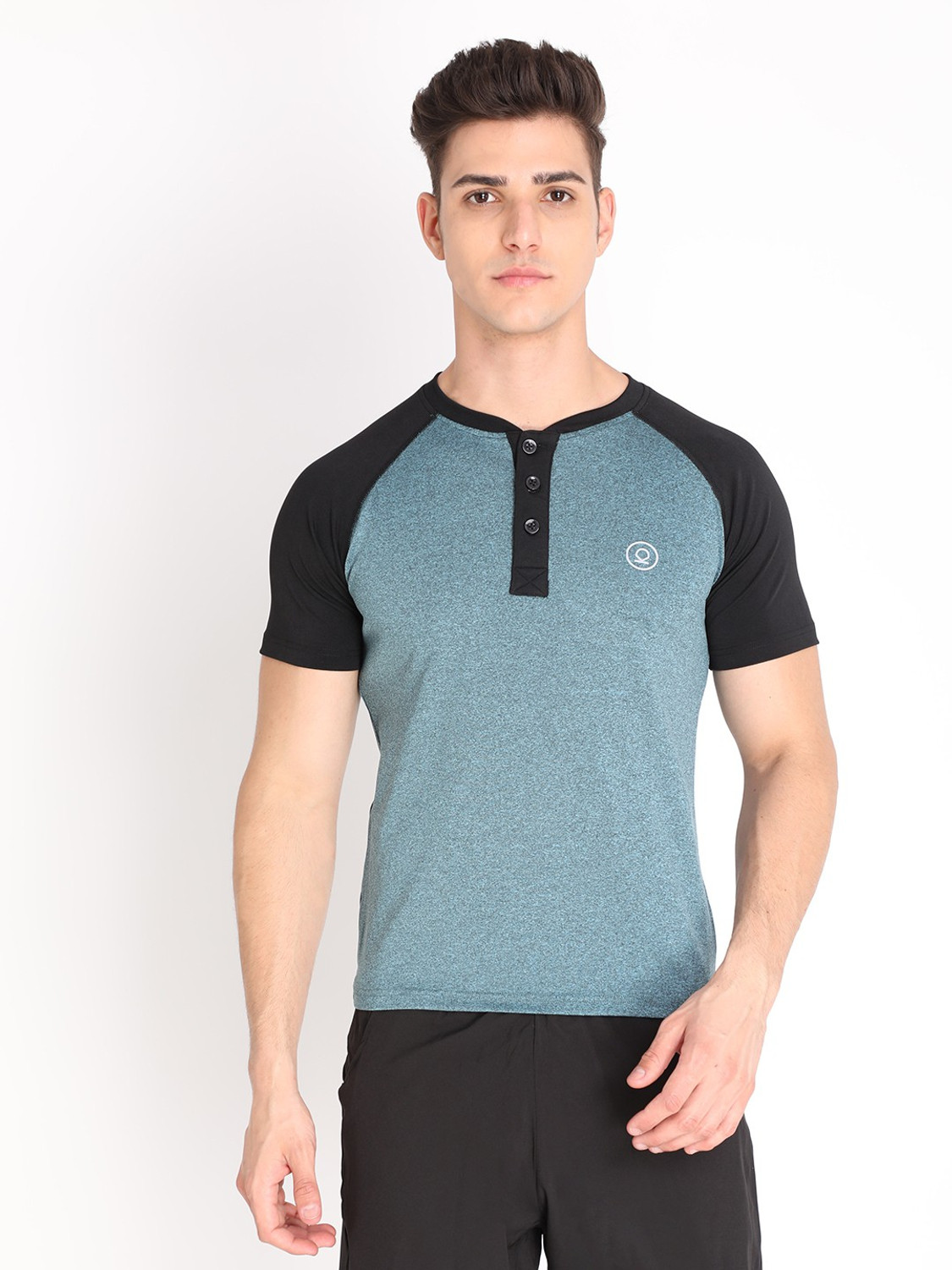 Image of CHKOKKO Men Colorblock Round Neck Polyester Black, Grey T-Shirt