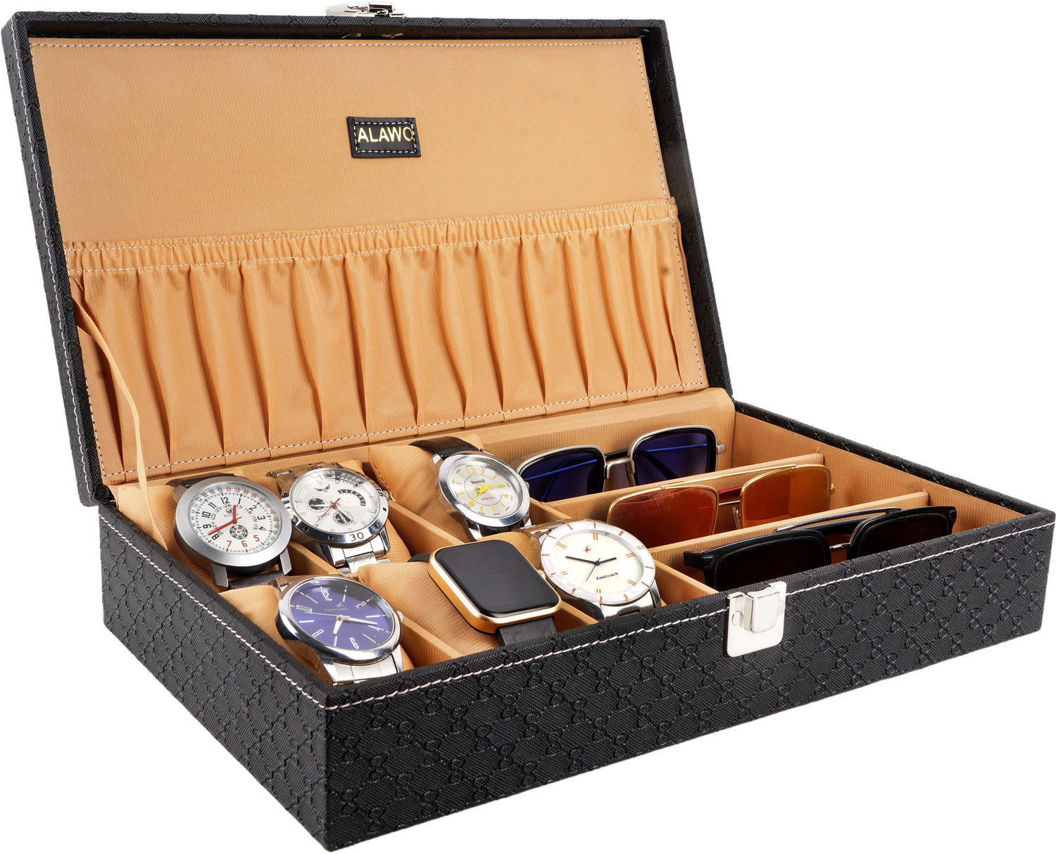 Image of ALAWO Watch Box & Sunglasses Case with 6 Slots for Watches and 3 Slots for Sunglasses Watch Box (Black, Holds 9 Watches)