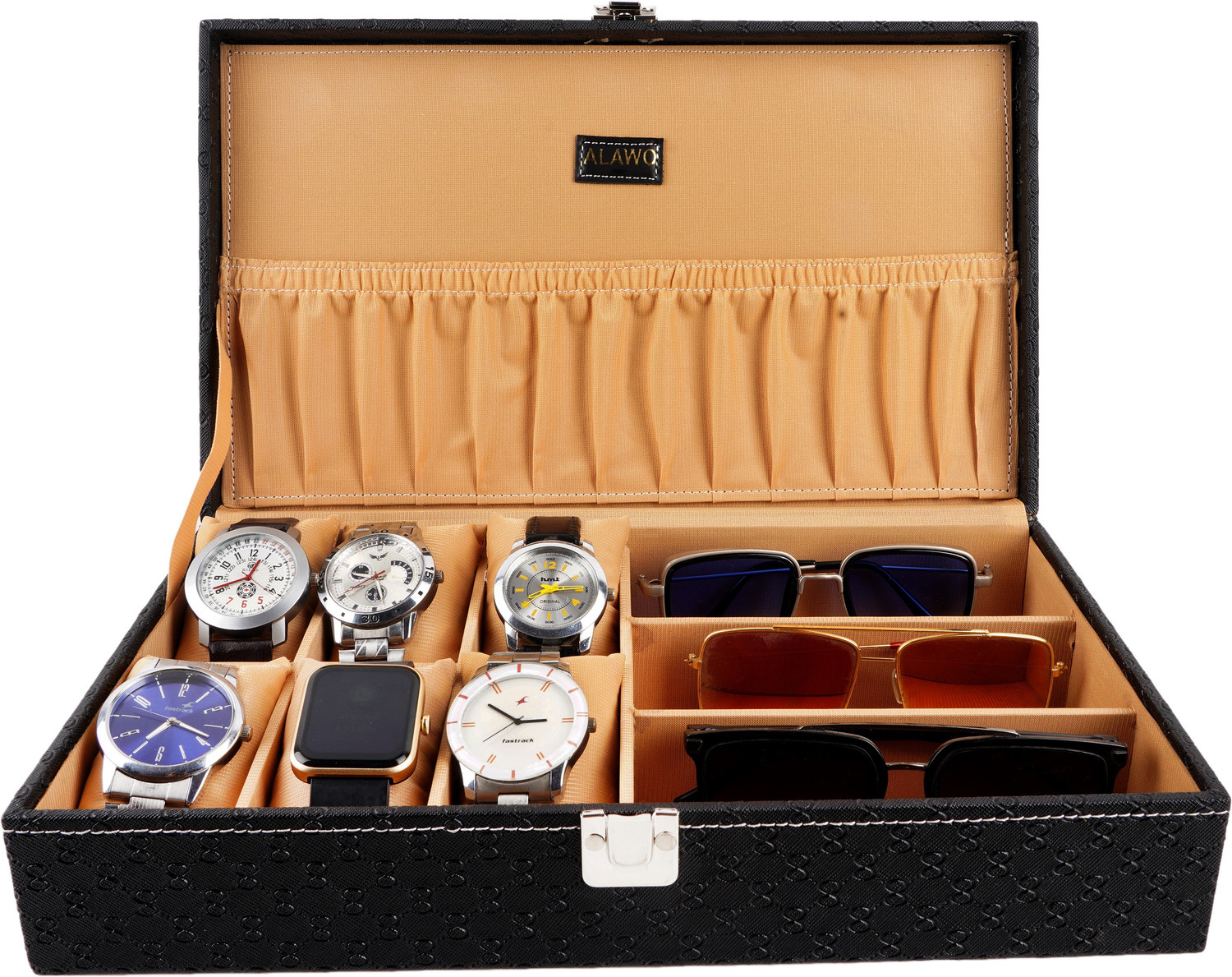 Image of ALAWO Watch Box & Sunglasses Case with 6 Slots for Watches and 3 Slots for Sunglasses Watch Box (Black, Holds 9 Watches)