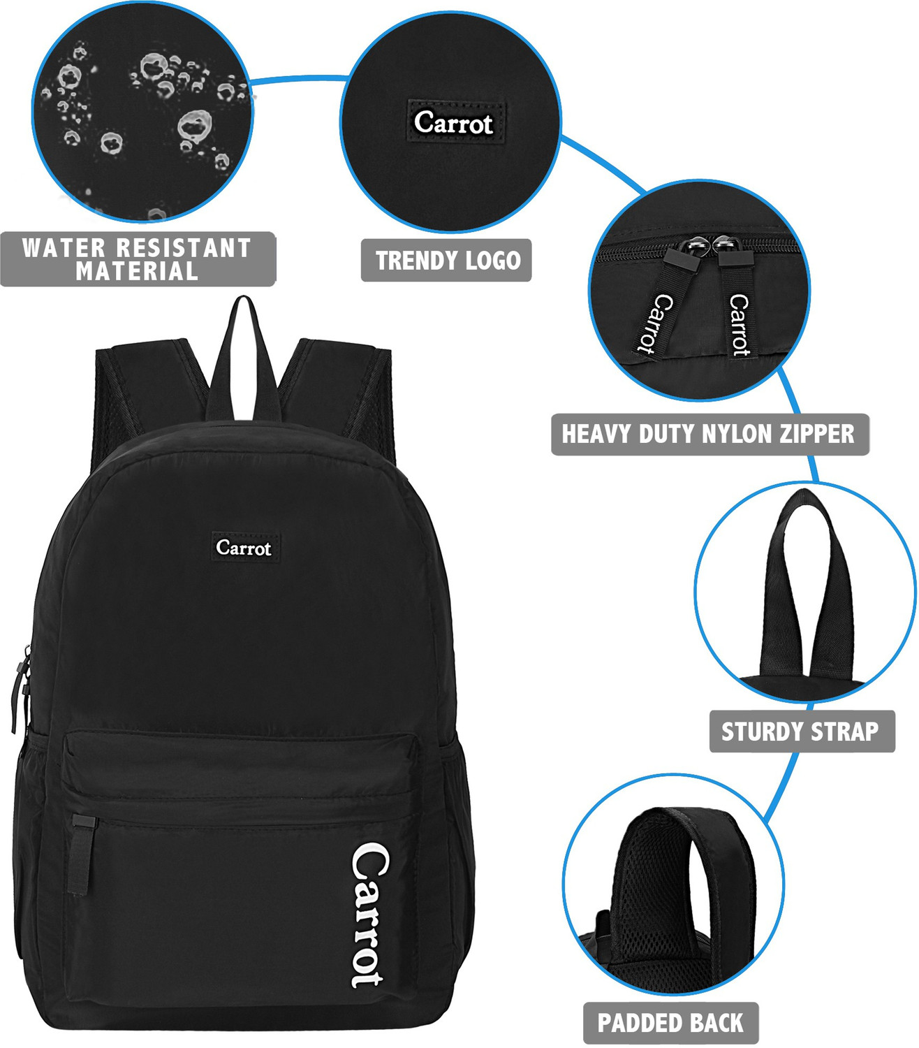 Image of CARROT Medium 25 L Laptop Backpack Water Resistant Polyester Black Casual Travel Bagpack (Black)