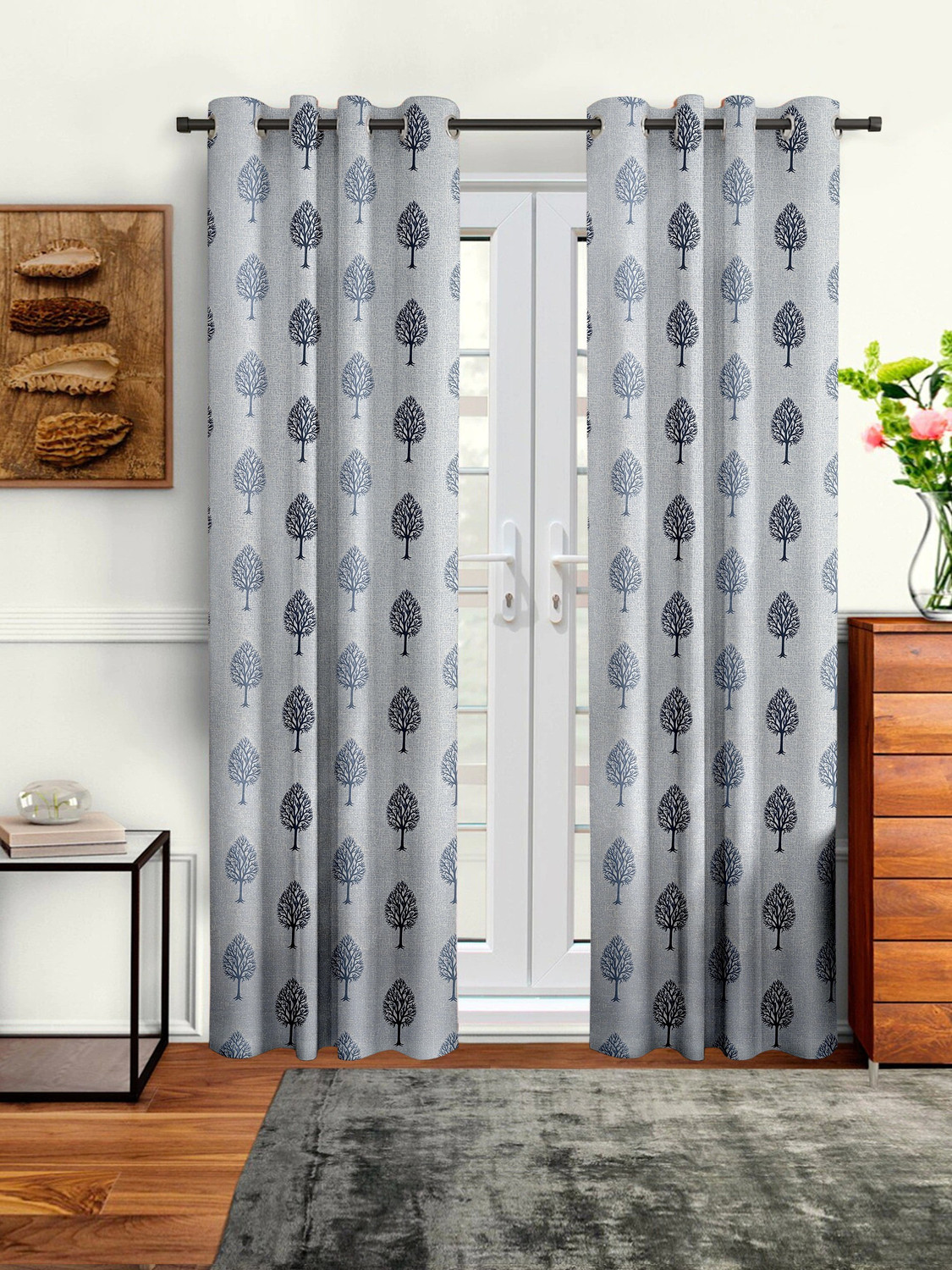 Image of Cortina 270 cm (9 ft) Long Door Polyester Semi Transparent Curtain (Pack Of 2) (Grey, Floral)