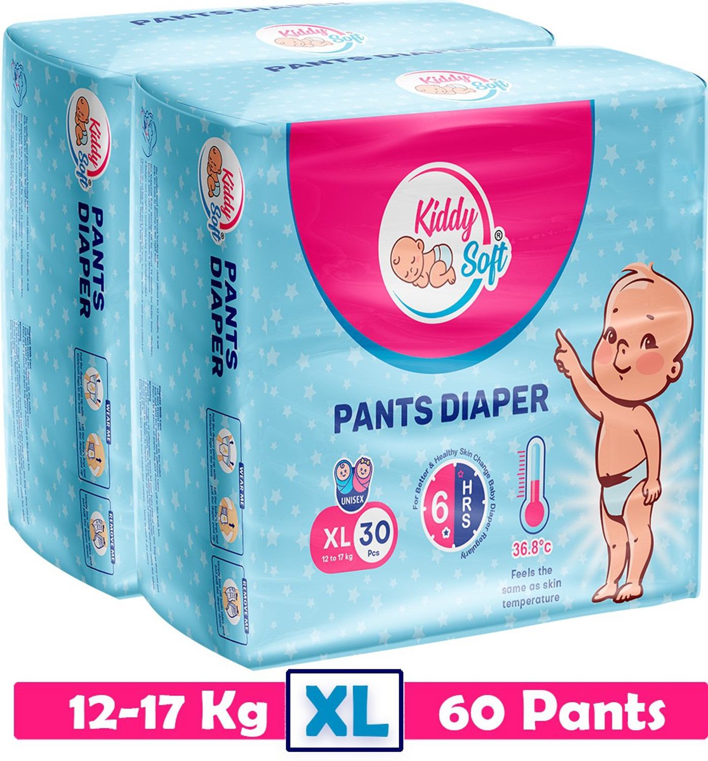 Image of KiddySoft Baby Diaper Pants|EXTRA LARGE Pack of 2|Each 30 Pieces|Total 60 Pieces| Tape Diapers - XL (60 Pieces)