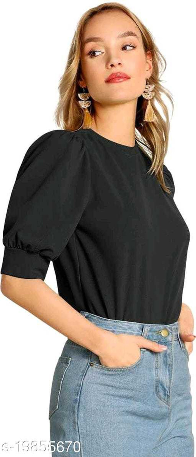 Image of KASHIAN Casual Puff Sleeves Solid Women Black Top