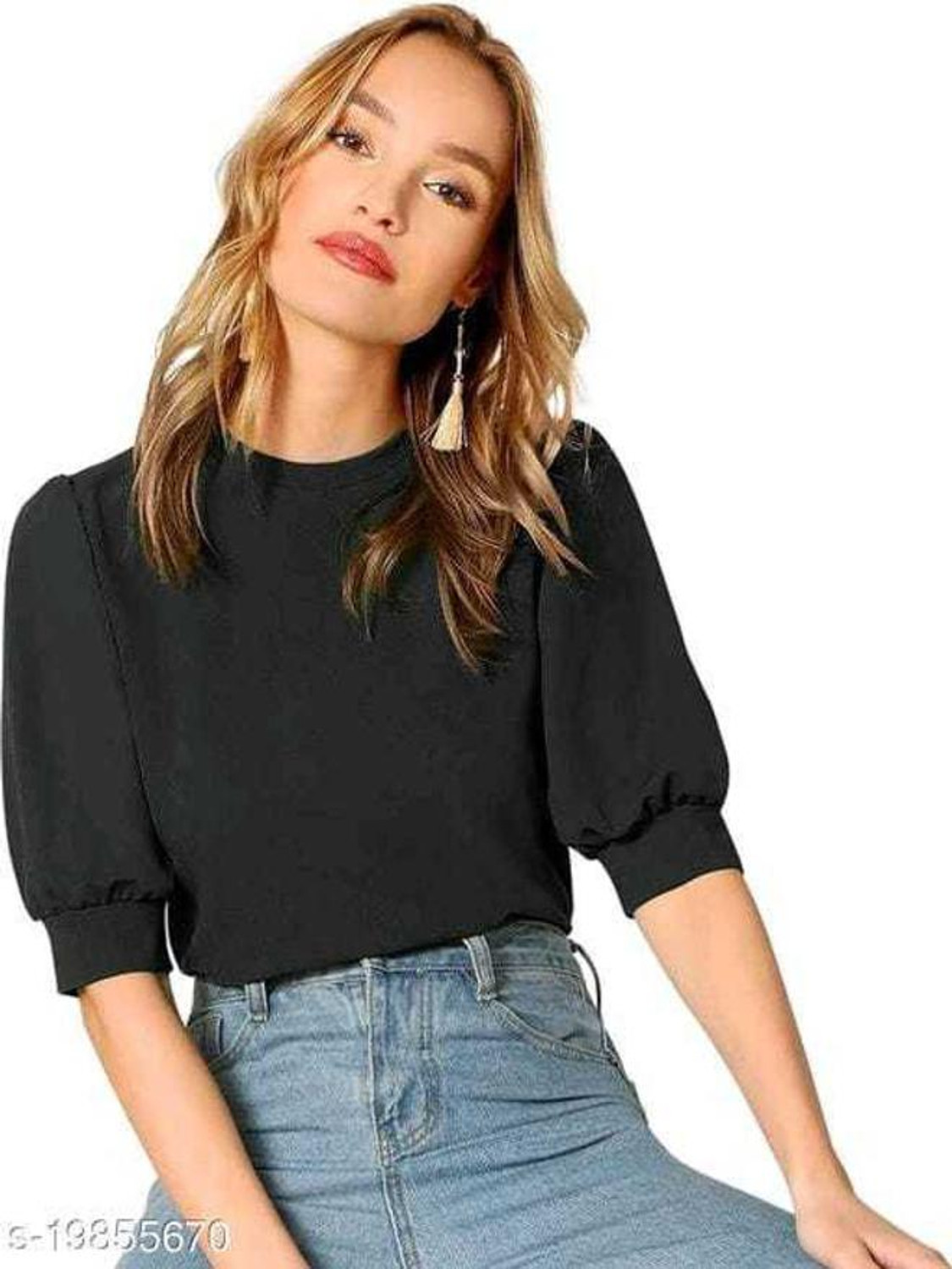 Image of KASHIAN Casual Puff Sleeves Solid Women Black Top