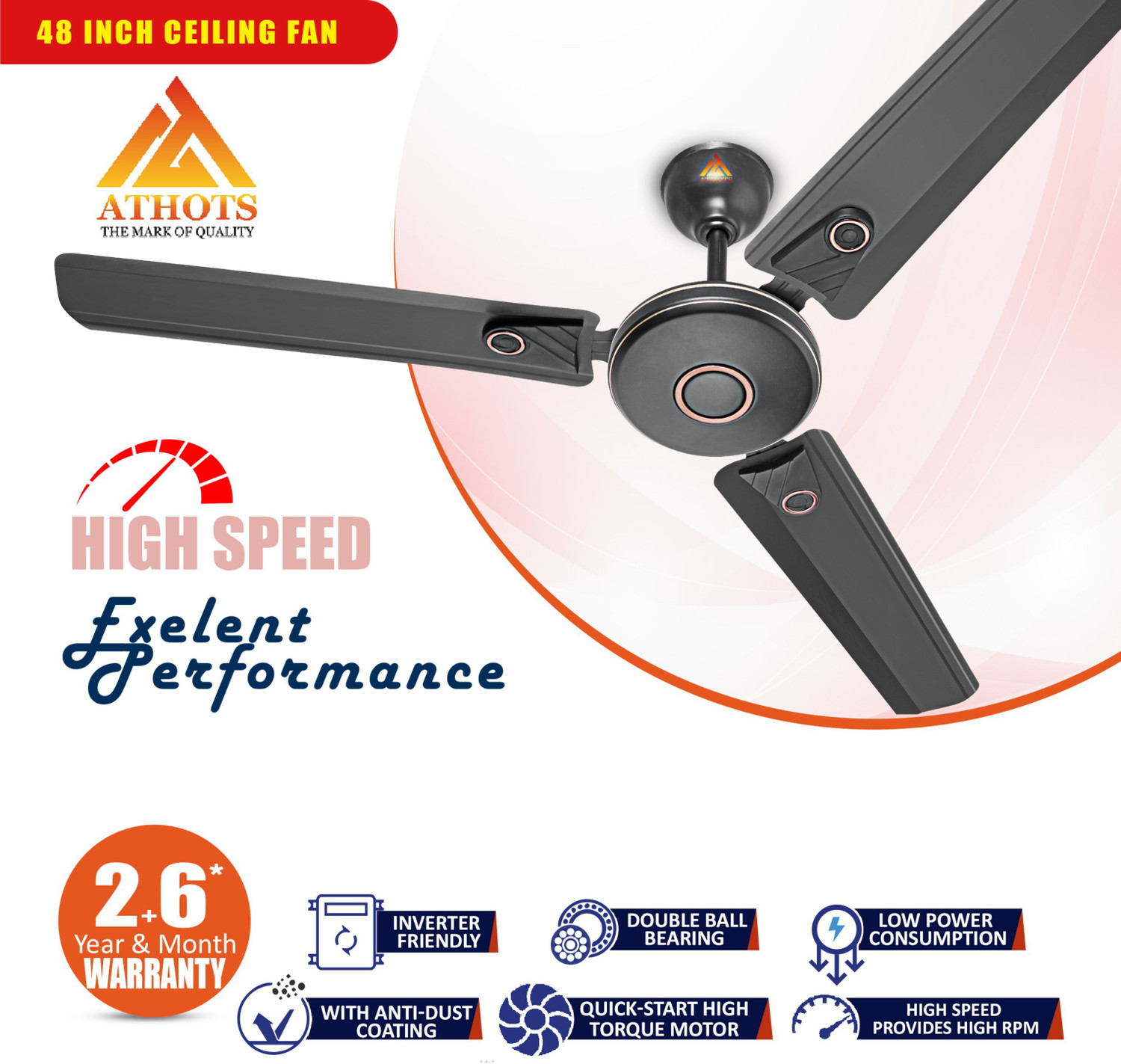 Image of Athots Zan Ultra High Speed 48 Inch With CNC Winding with 3 Year Warranty Anti Dust 1200 mm Ceiling Fan (3 Star | Smocked Brown | Pack of 1)