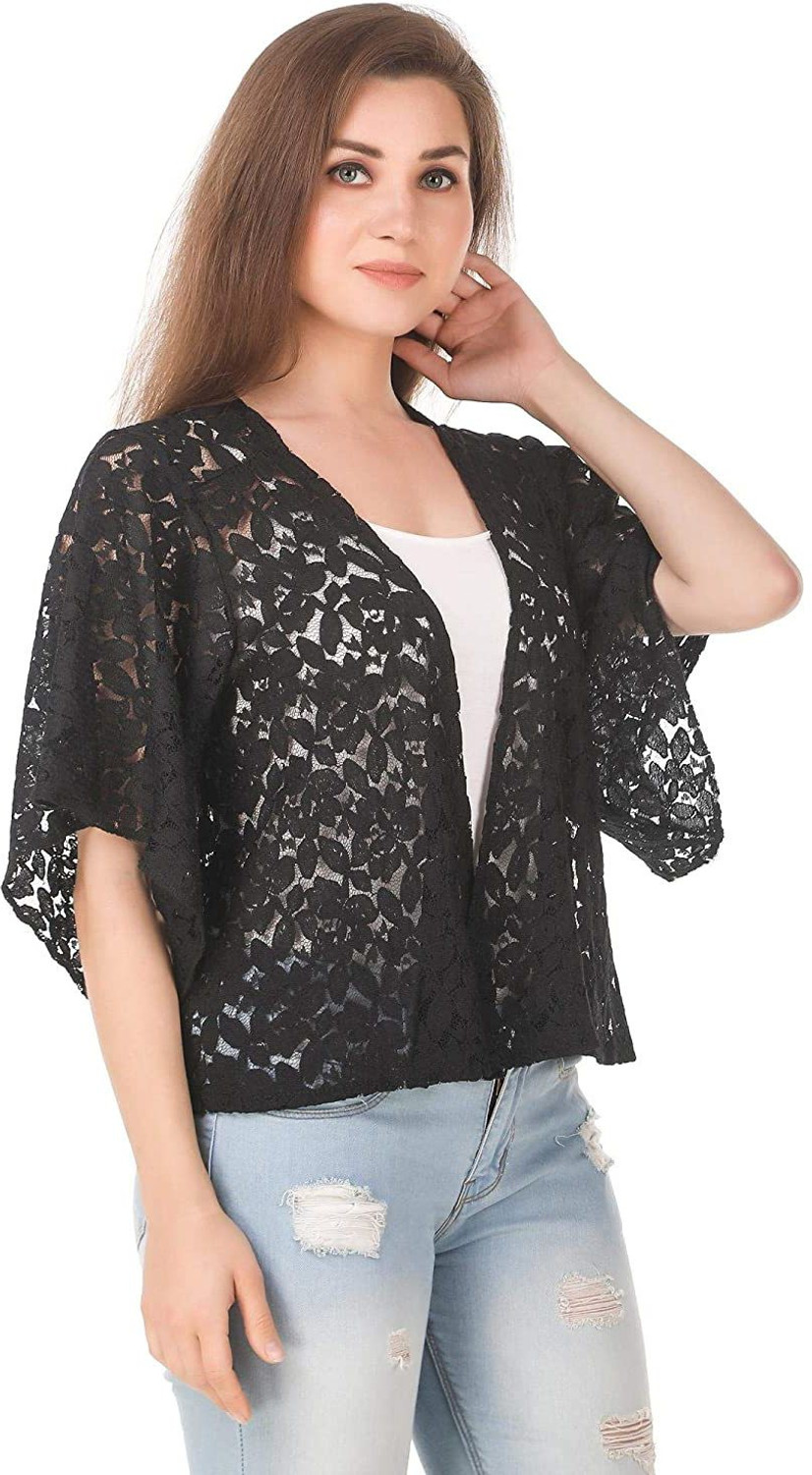 Image of famcomf Women Straight 3 /4th Sleeve Black Shrug