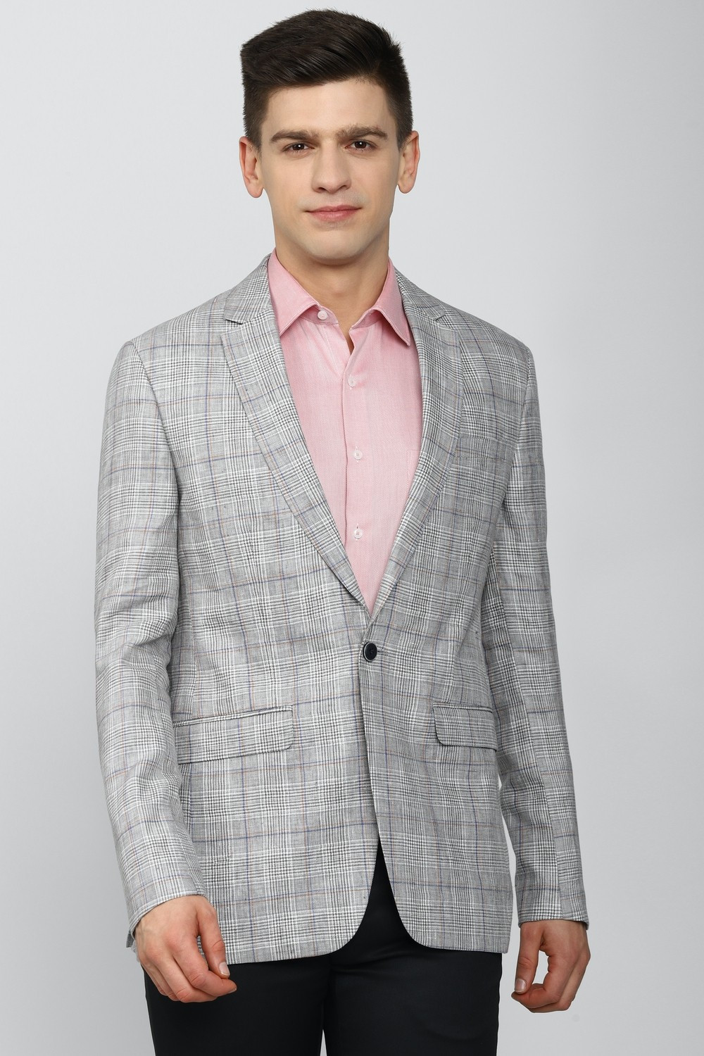 Image of PETER ENGLAND Men Checkered Single Breasted Party Blazer (Grey)