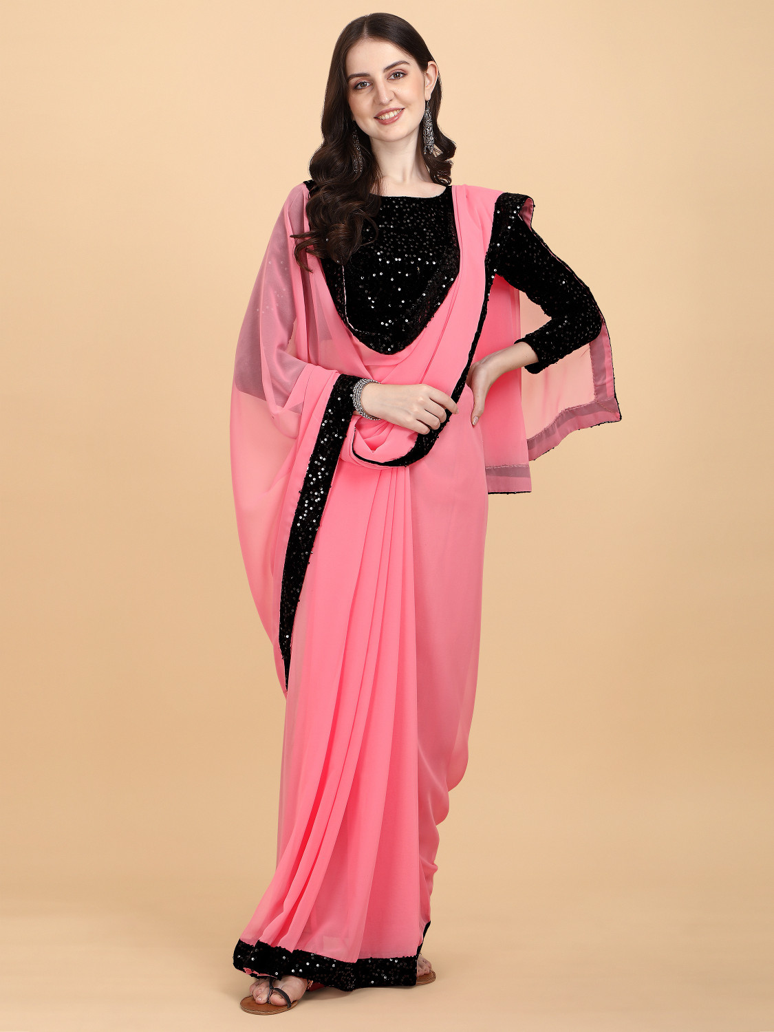 Image of PMD Fashion Embellished Bollywood Georgette Saree (Pink)