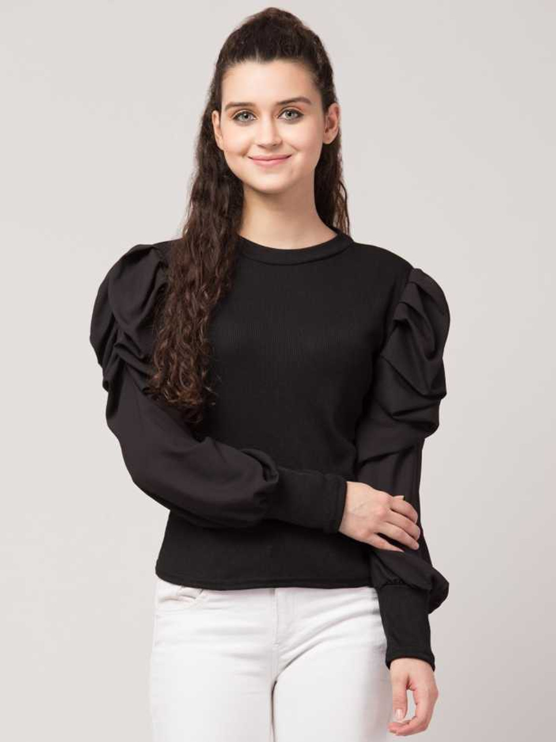Image of RARE Casual Regular Sleeves Solid Women Black Top