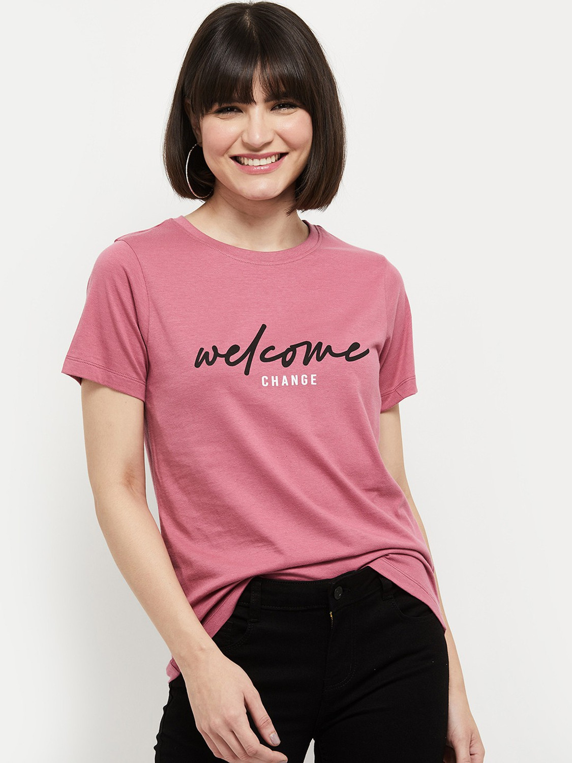 Image of Patche Women Colorblock Round Neck Pure Cotton Blue, White T-Shirt