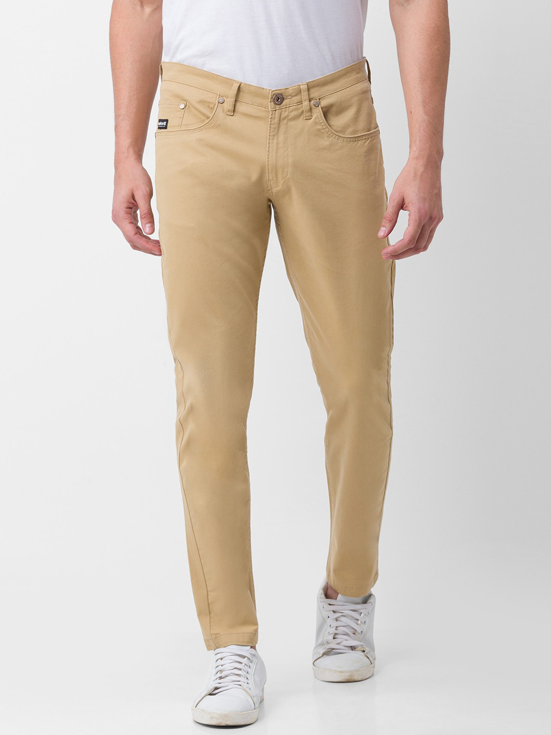 Image of Spykar Men Khaki Lycra Blend Trousers