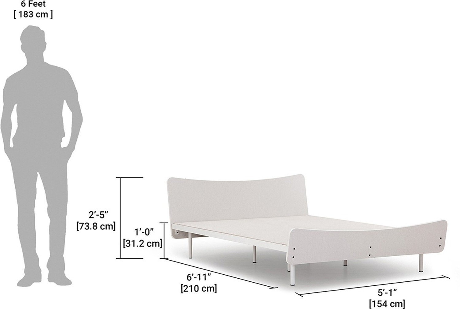 Image of FURLENCO Allen Brand New Engineered Wood Queen Bed, 210 cm x 154 cm (6.89 ft x 5.05 ft) (Finish Color - White, Delivery Condition - Knock Down)