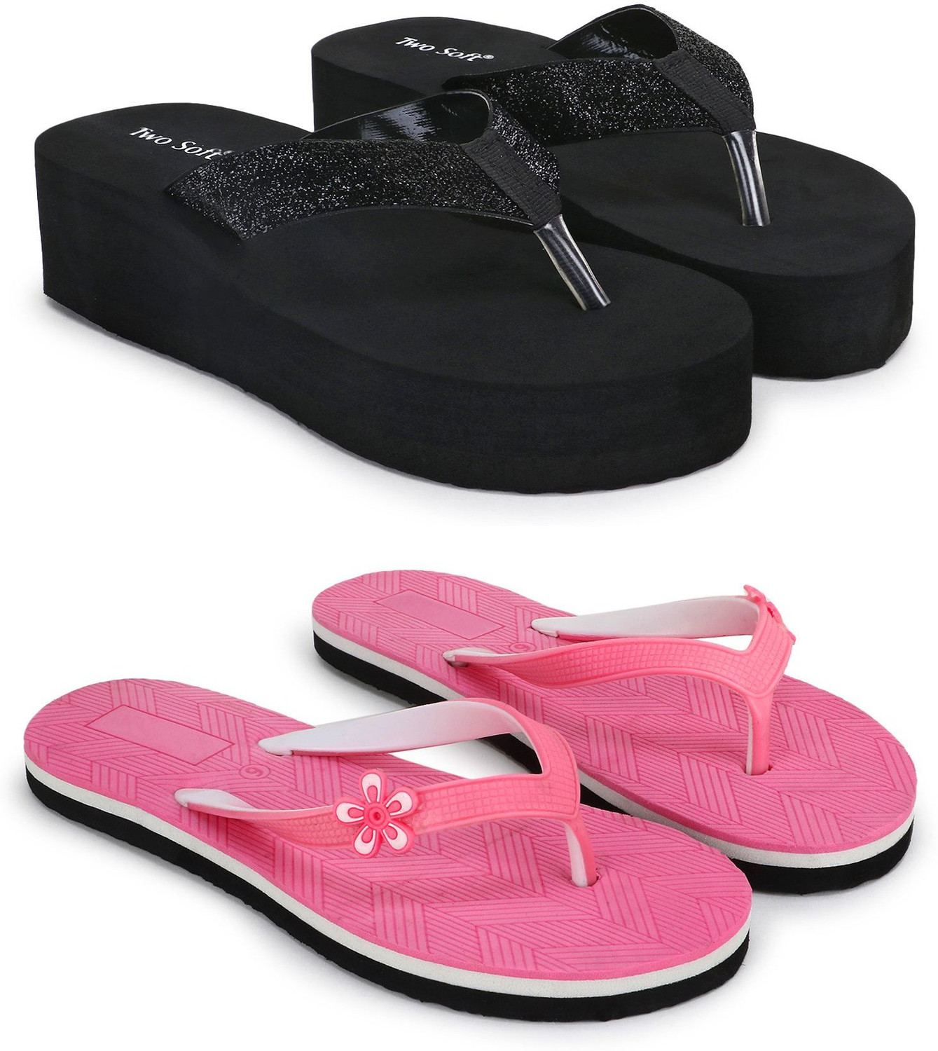 Image of TWO SOFT Combo Pack Of 2 Stylish Casual Light & Soft Comfortable Daily Wear Women Slippers (Black, Pink , 4)