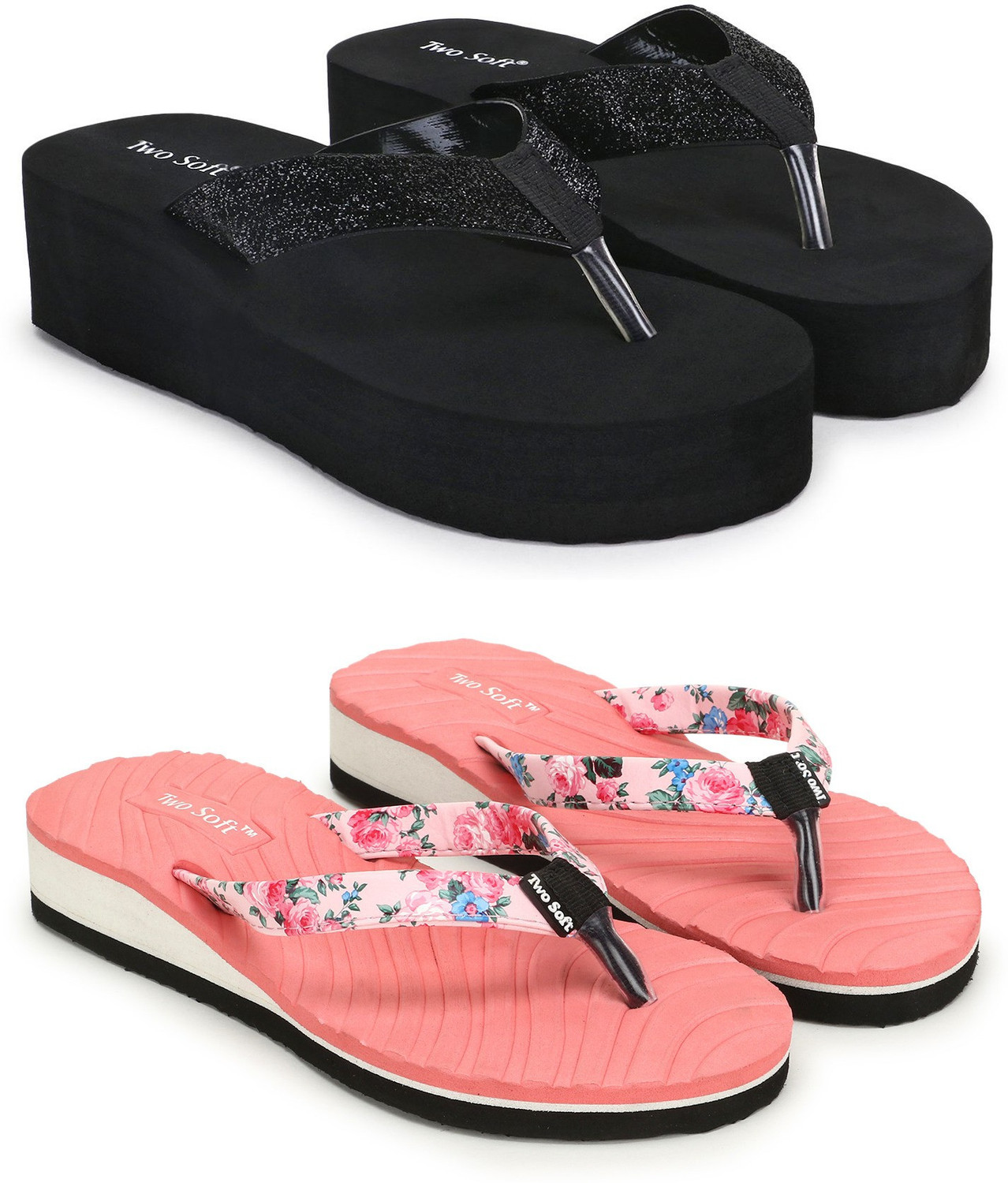 Image of TWO SOFT Combo Pack Of 2 Stylish Casual Light & Soft Comfortable Daily Wear Women Slippers (Black, Pink , 4)