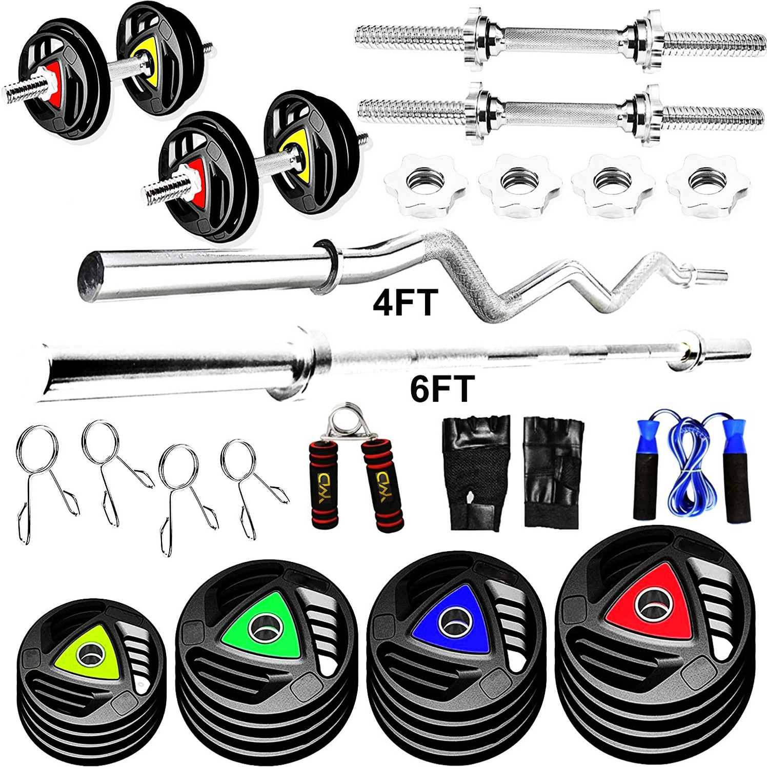 Image of POWER FITNESS 0.4 kg 30KG PVC Weight Set with Dumbbell Rods, 3ft curl Rod & Acc Gym Fitness Home Gym Combo