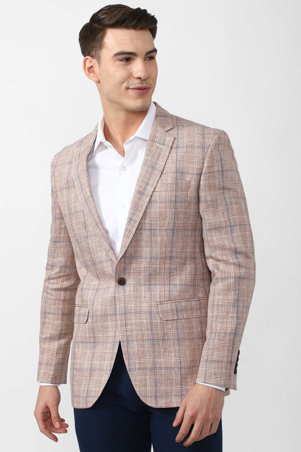 Image of PETER ENGLAND Men Checkered Single Breasted Formal Blazer (Brown)