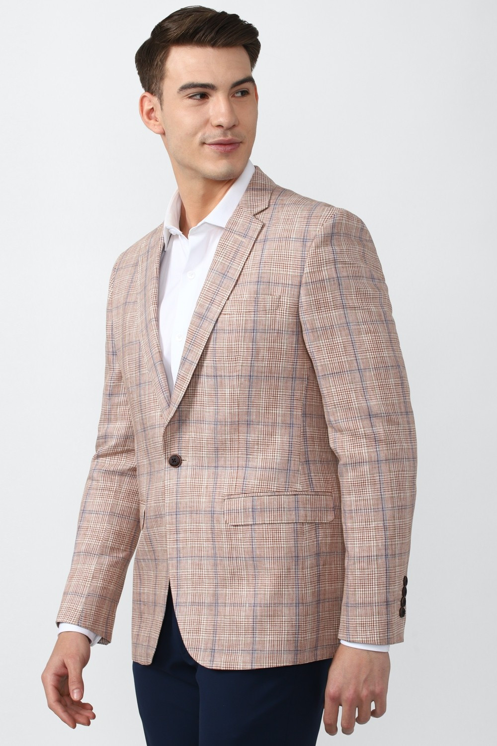 Image of PETER ENGLAND Men Checkered Single Breasted Formal Blazer (Brown)