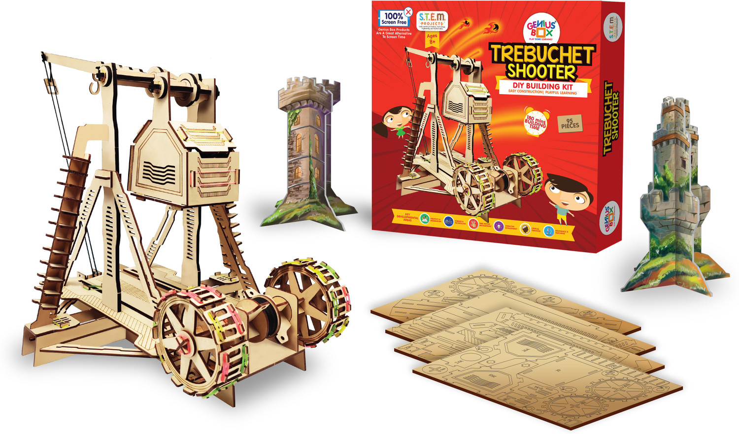 Image of Genius Box Trebuchet Shooter DIY STEM Educational Toy Activity Kit for kids 8 -14 years (Multicolor)