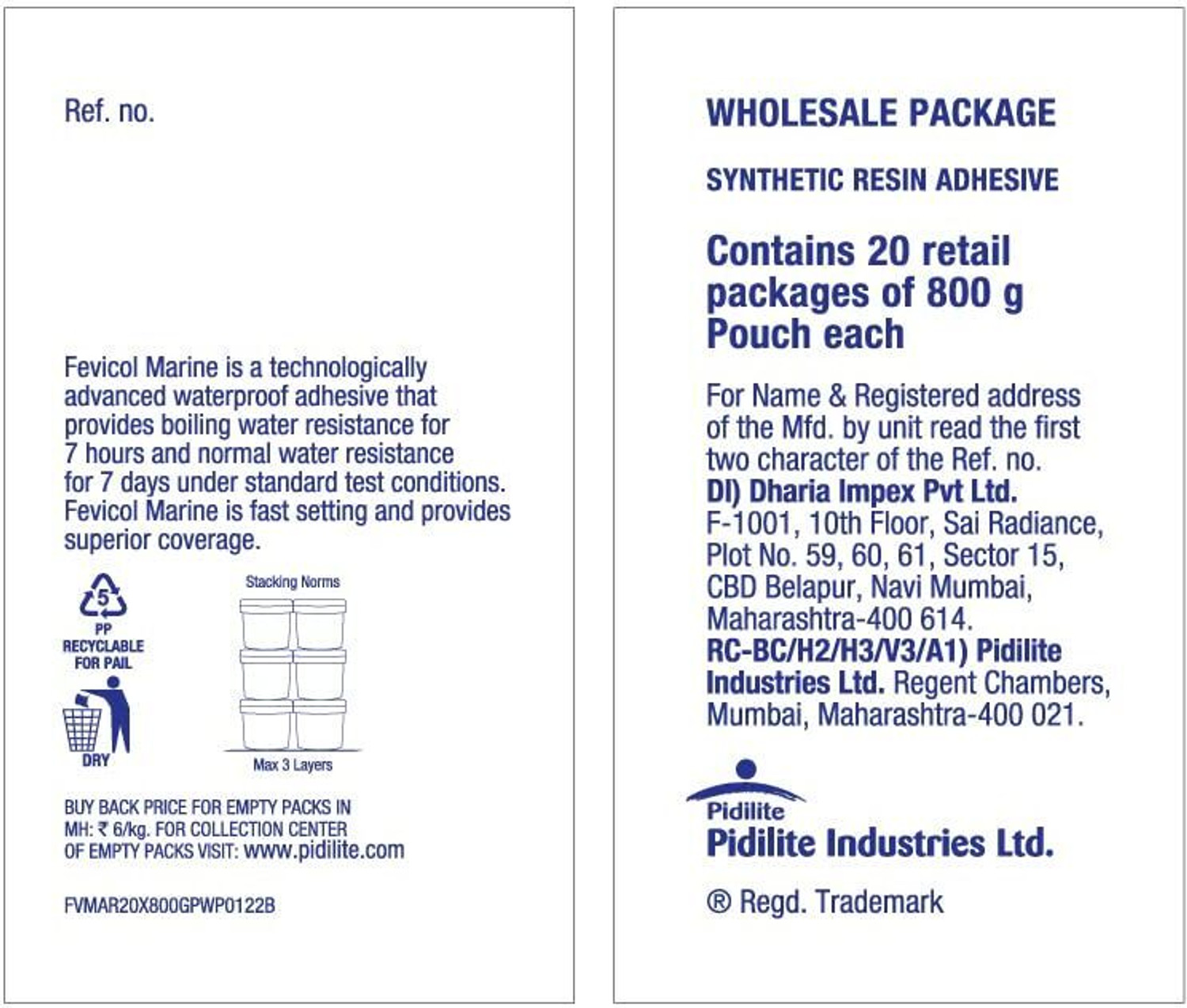 Image of FEVICOL Marine - Fast Setting, Waterproof,Superior Coverage, pack of 20 Adhesive (800 g)