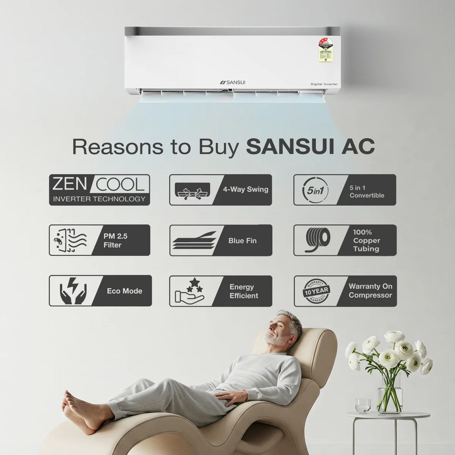 Image of Sansui 2026 Model 1.5 Ton 3 Star Split Inverter AC (JSP183SICG, White)