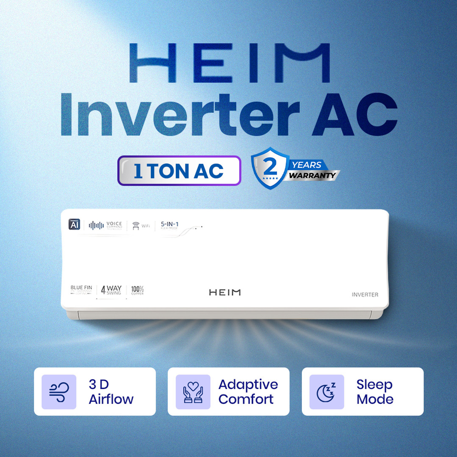 Image of Heim 2025 Model 1 Ton 5 Star Hot and Cold Split Inverter with Wi-fi AC (AC 03, White)